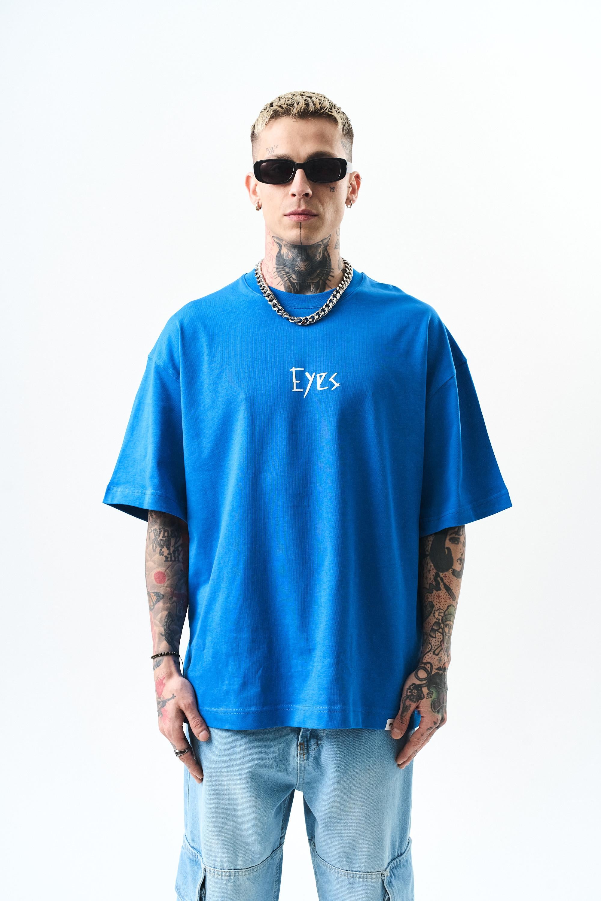 Erkek Eyes Baskılı Oversize T-Shirt Mavi