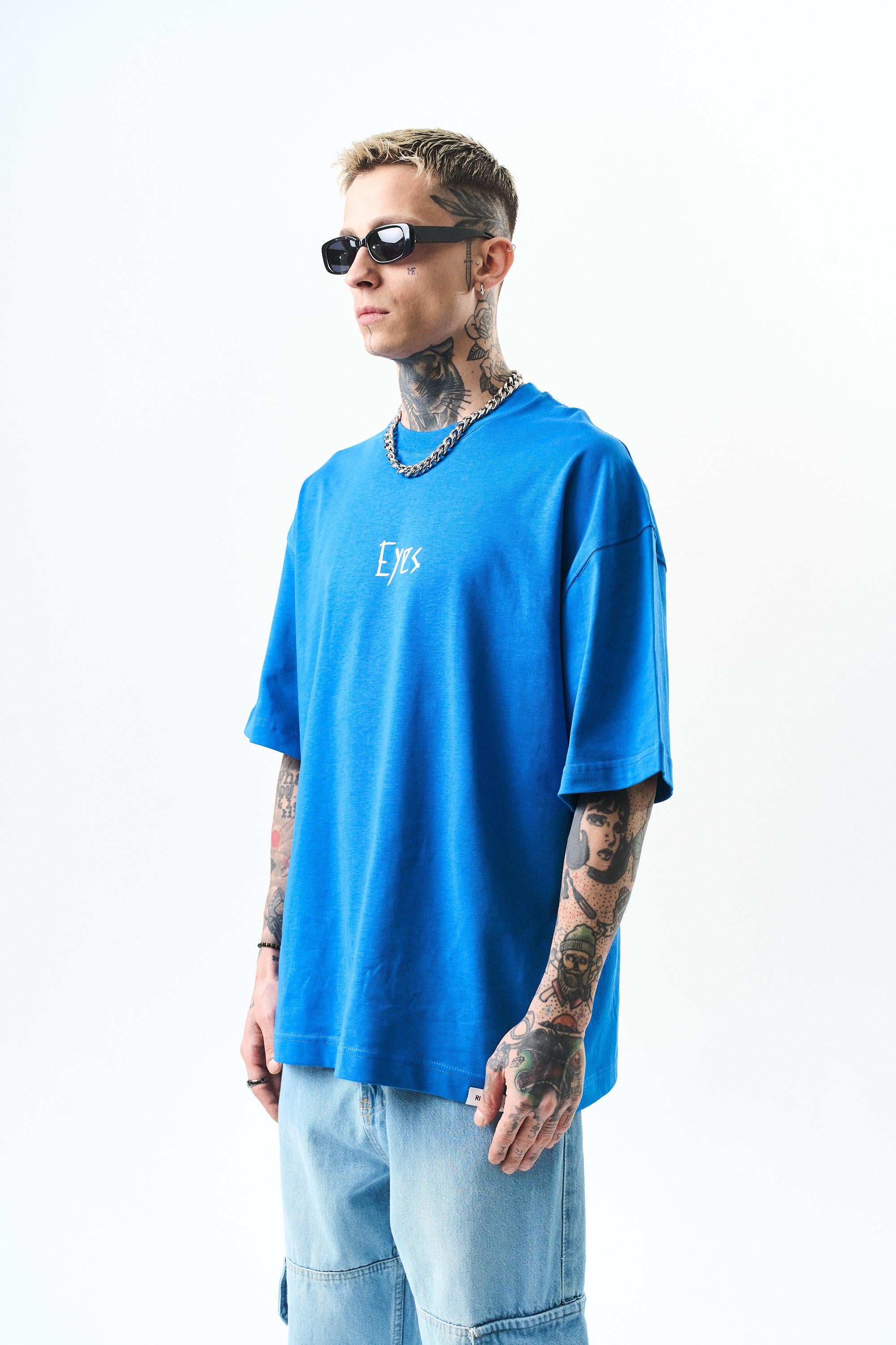 Erkek Eyes Baskılı Oversize T-Shirt Mavi
