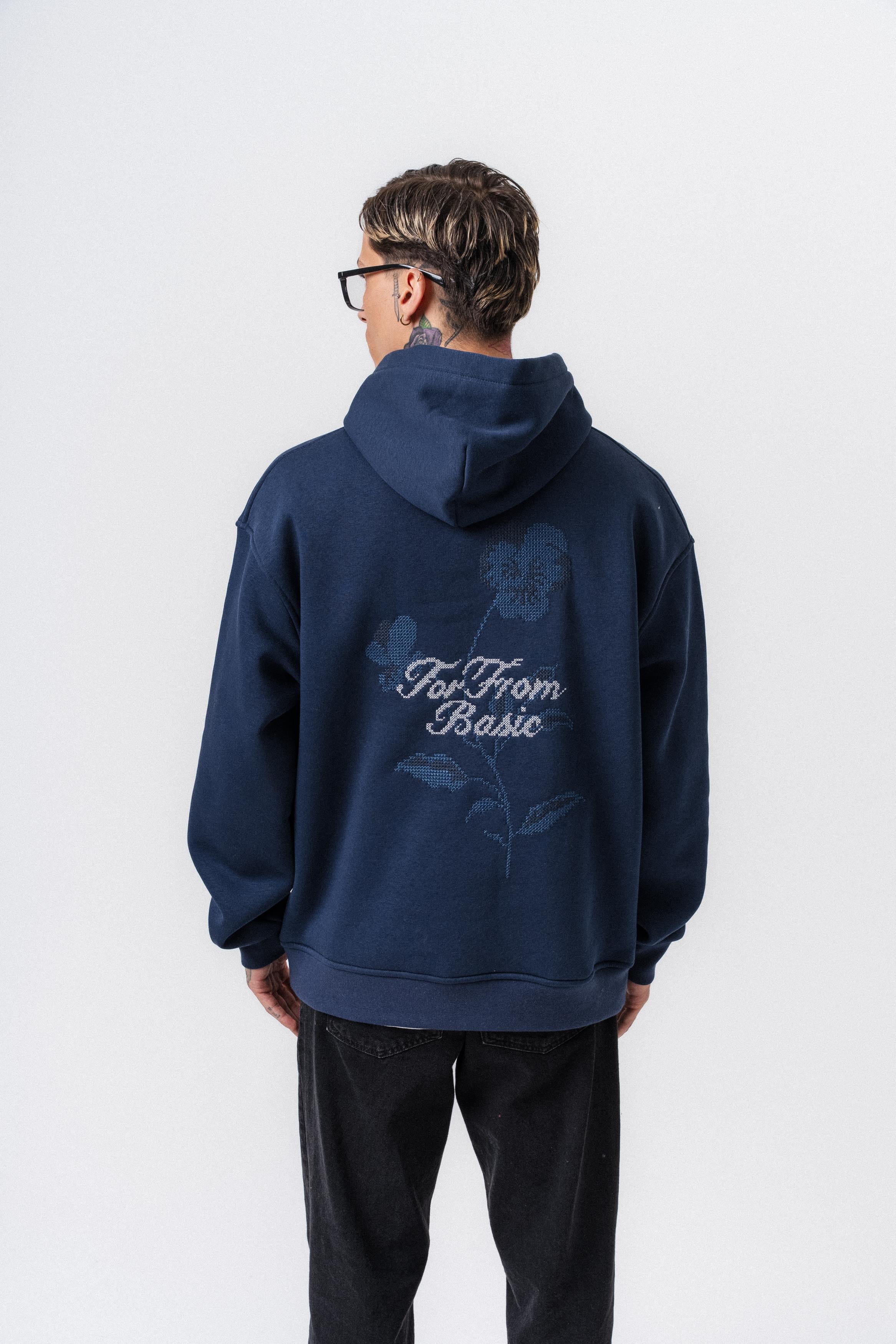 Erkek Far From Basic Nakışlı Kapüşonlu Oversize Hoodie Lacivert
