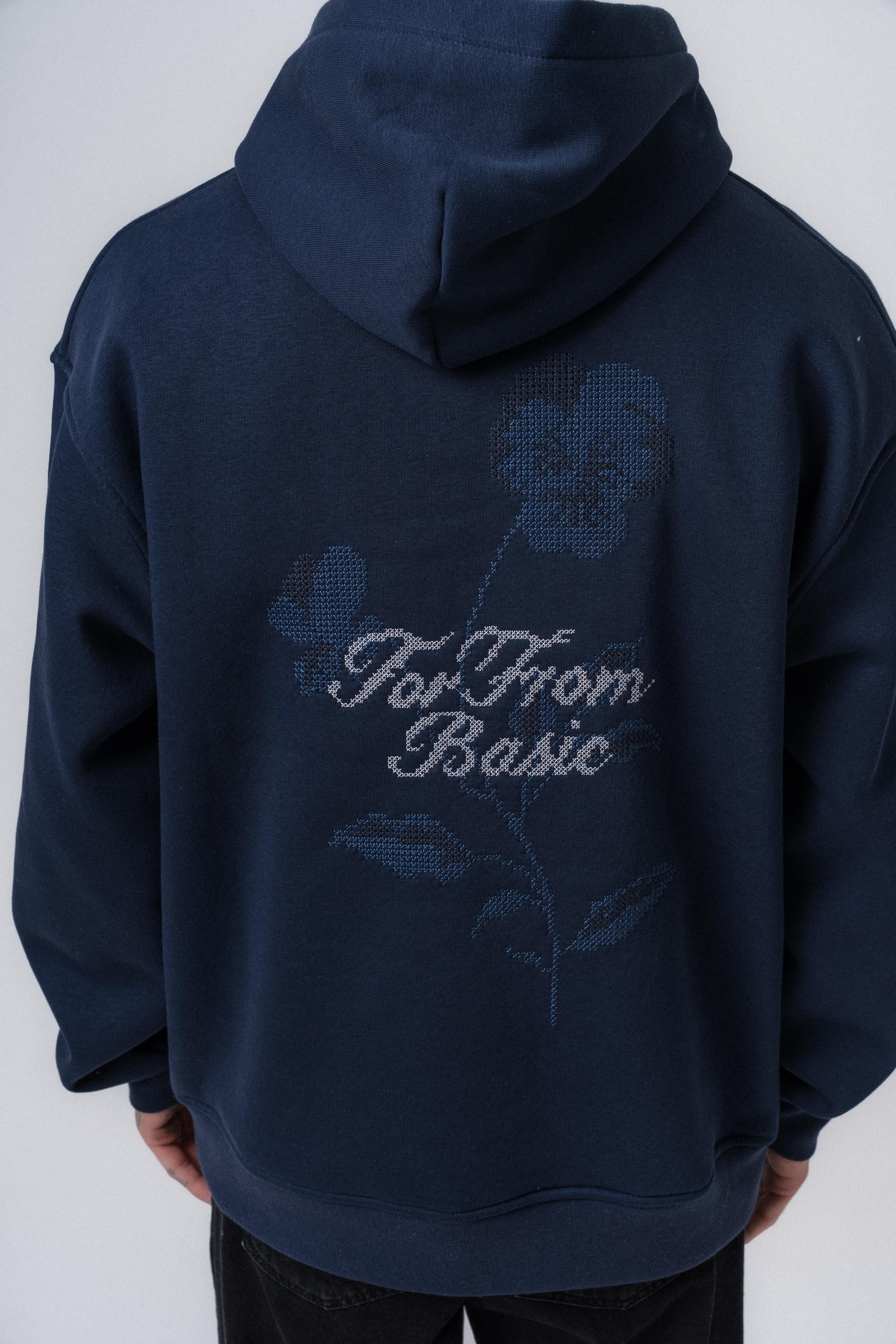 Erkek Far From Basic Nakışlı Kapüşonlu Oversize Hoodie Lacivert