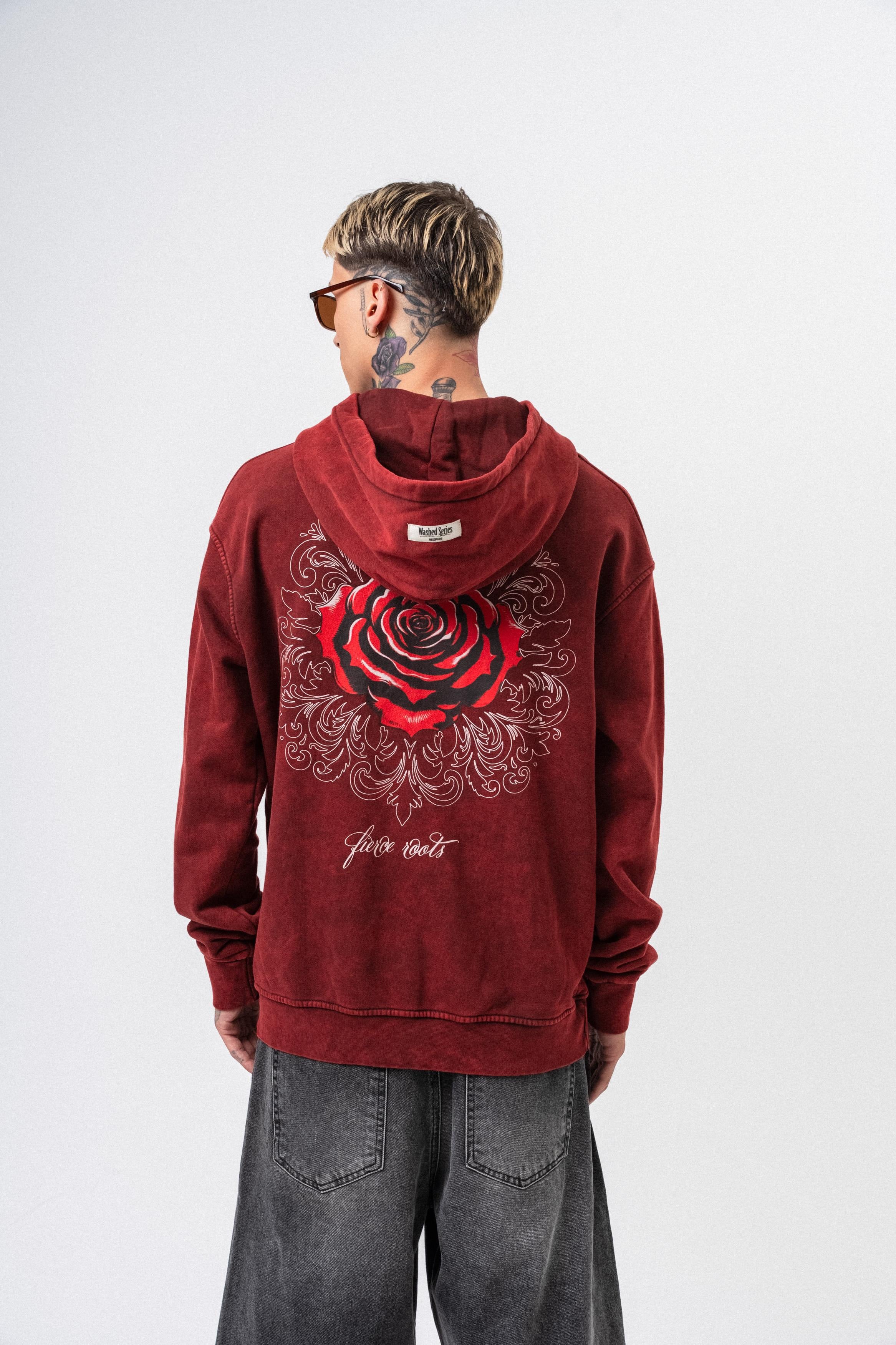 Fierce Baskılı Yıkamalı Kapüşonlu Oversize Hoodie - Bordo - 0