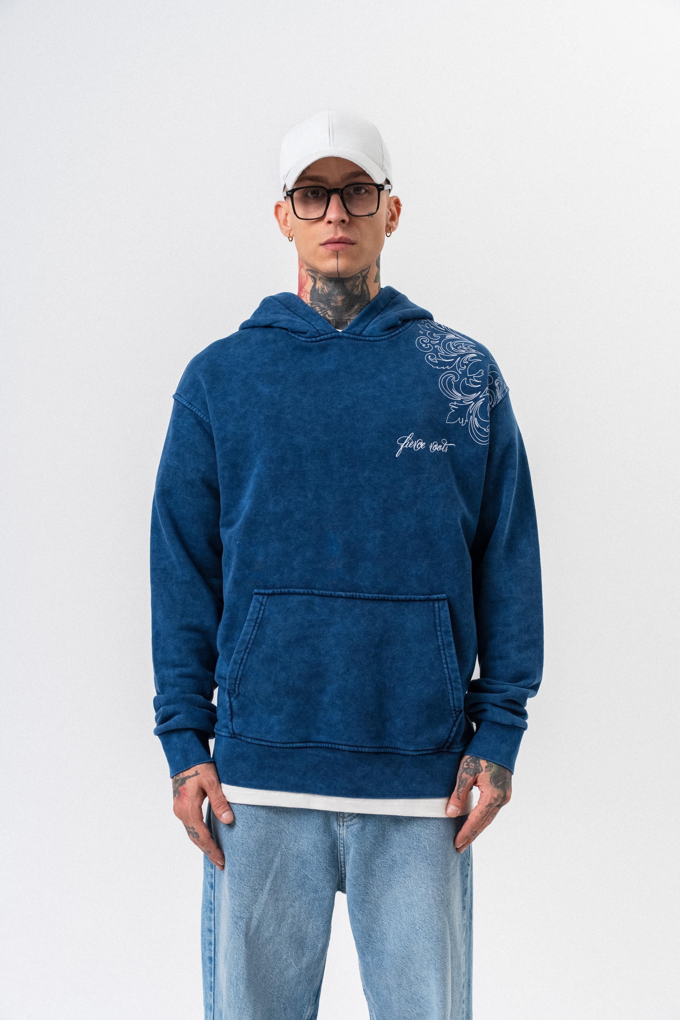 Erkek Fierce Baskılı Yıkamalı Kapüşonlu Oversize Hoodie İNdigo
