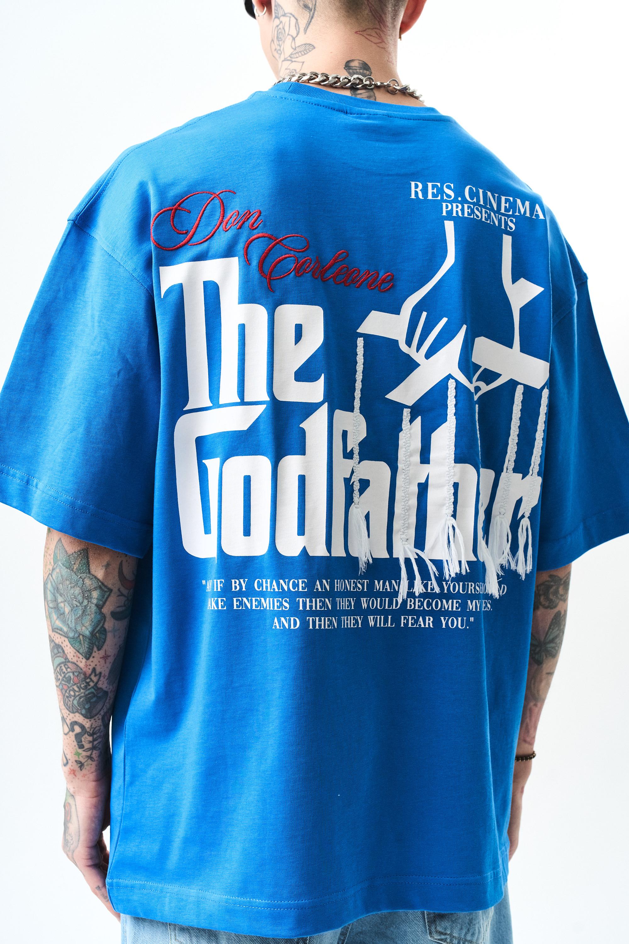 Erkek Godfather Baskılı Oversize T-Shirt Mavi