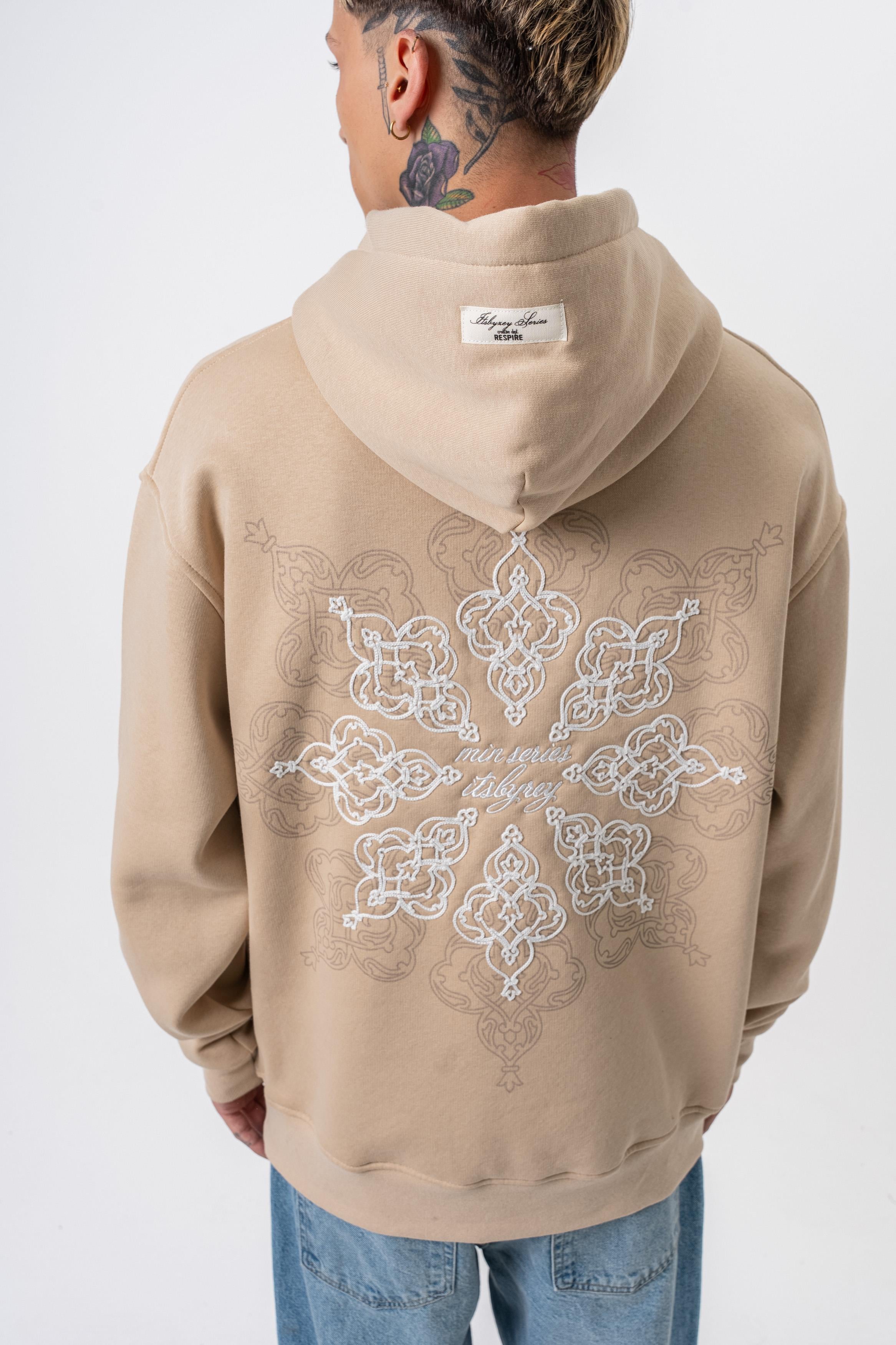 Erkek Itsbyzey Nakışlı Kapüşonlu Oversize Hoodie Bej - 4