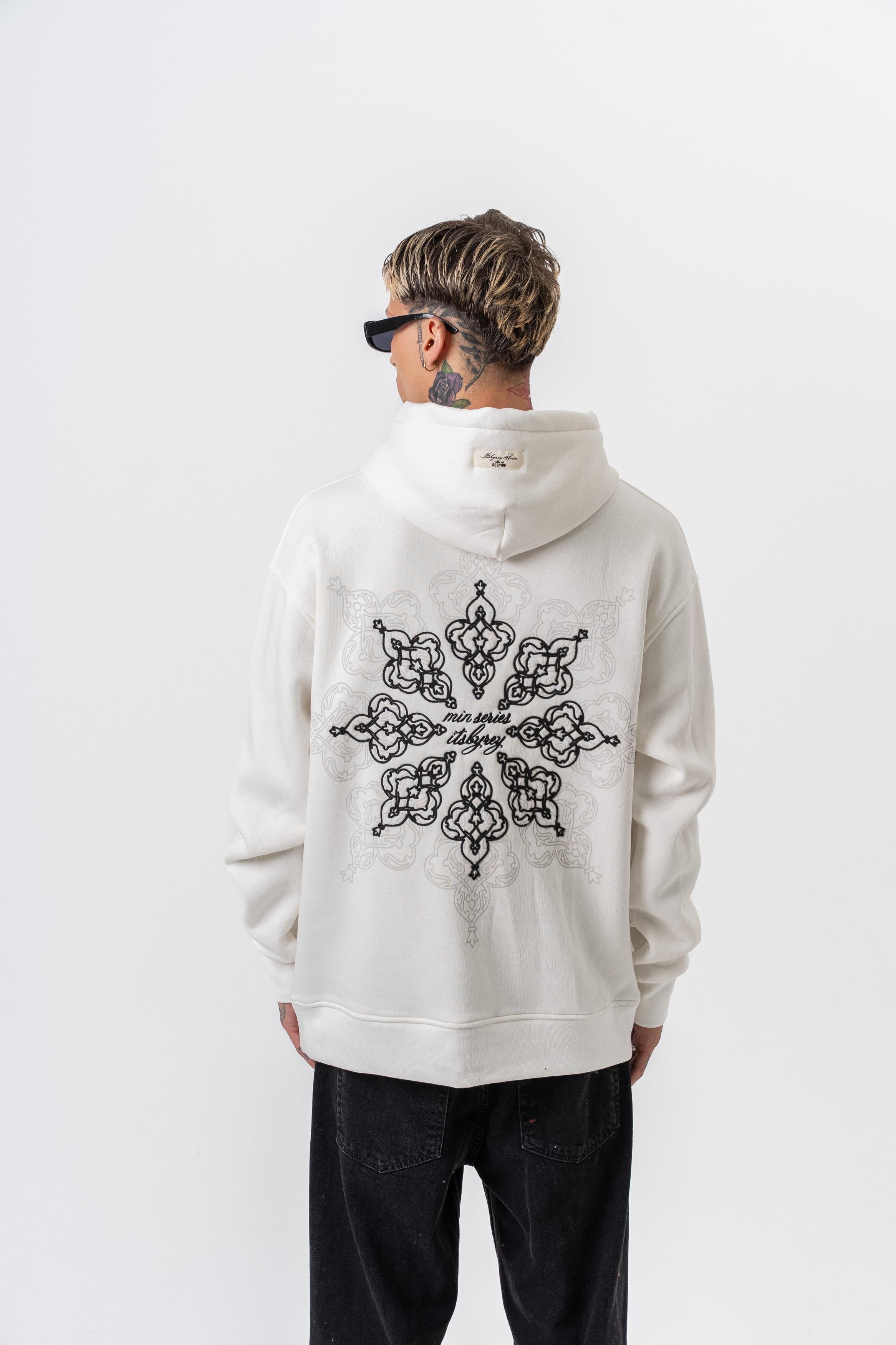 Erkek Itsbyzey Nakışlı Kapüşonlu Oversize Hoodie Ekru - 1