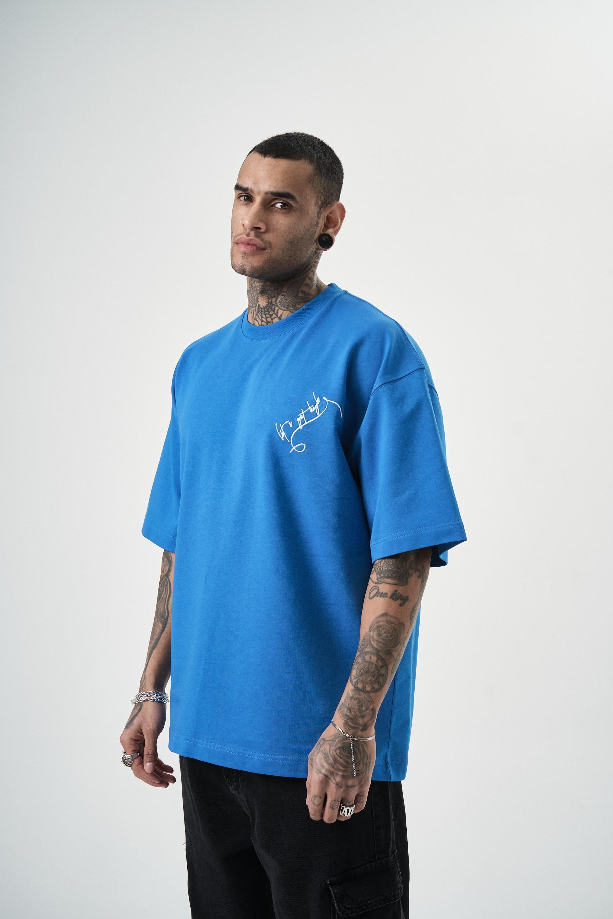 Erkek Let'S Get Tight Nakışlı Oversize T-Shirt Mavi