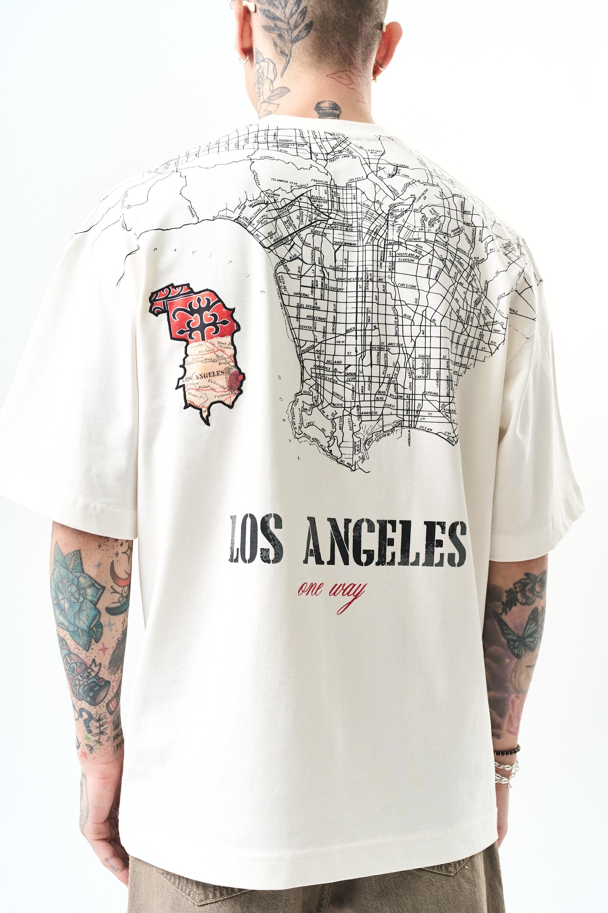 Erkek Los Angeles Baskılı Oversize T-Shirt Ekru