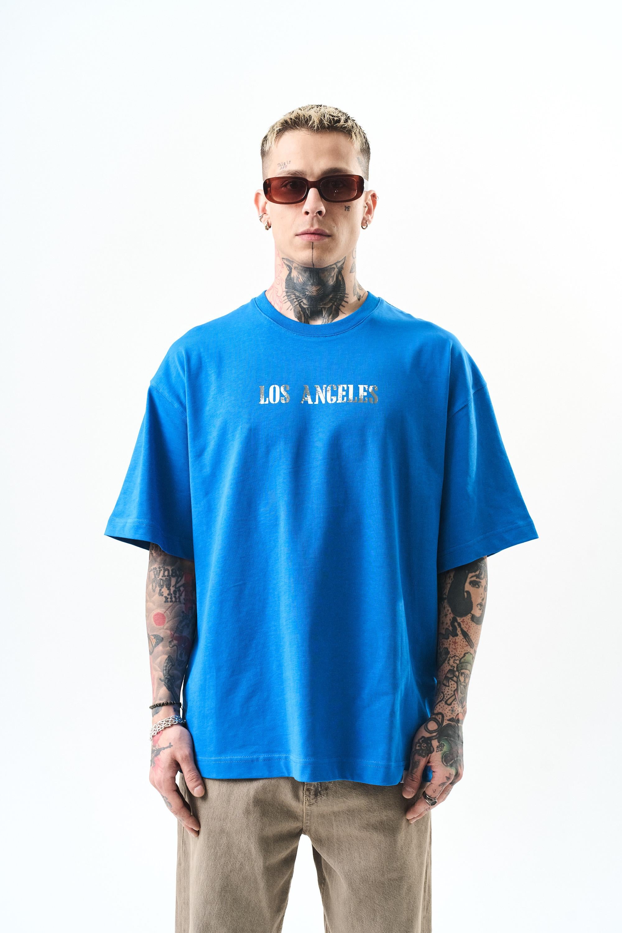 Erkek Los Angeles Baskılı Oversize T-Shirt Mavi