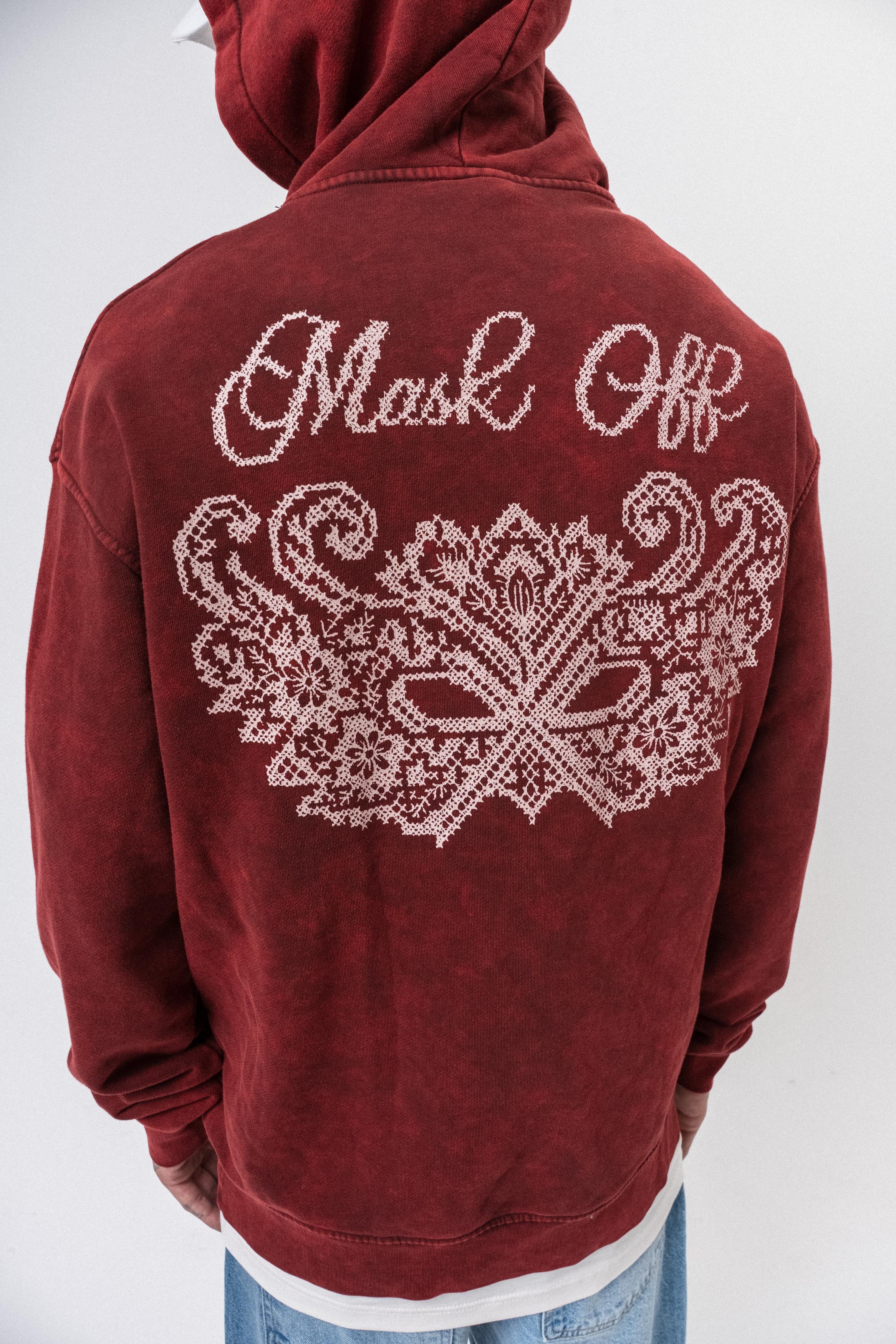 Erkek Mask Off Baskılı Yıkamalı Kapüşonlu Oversize Hoodie Bordo - 4