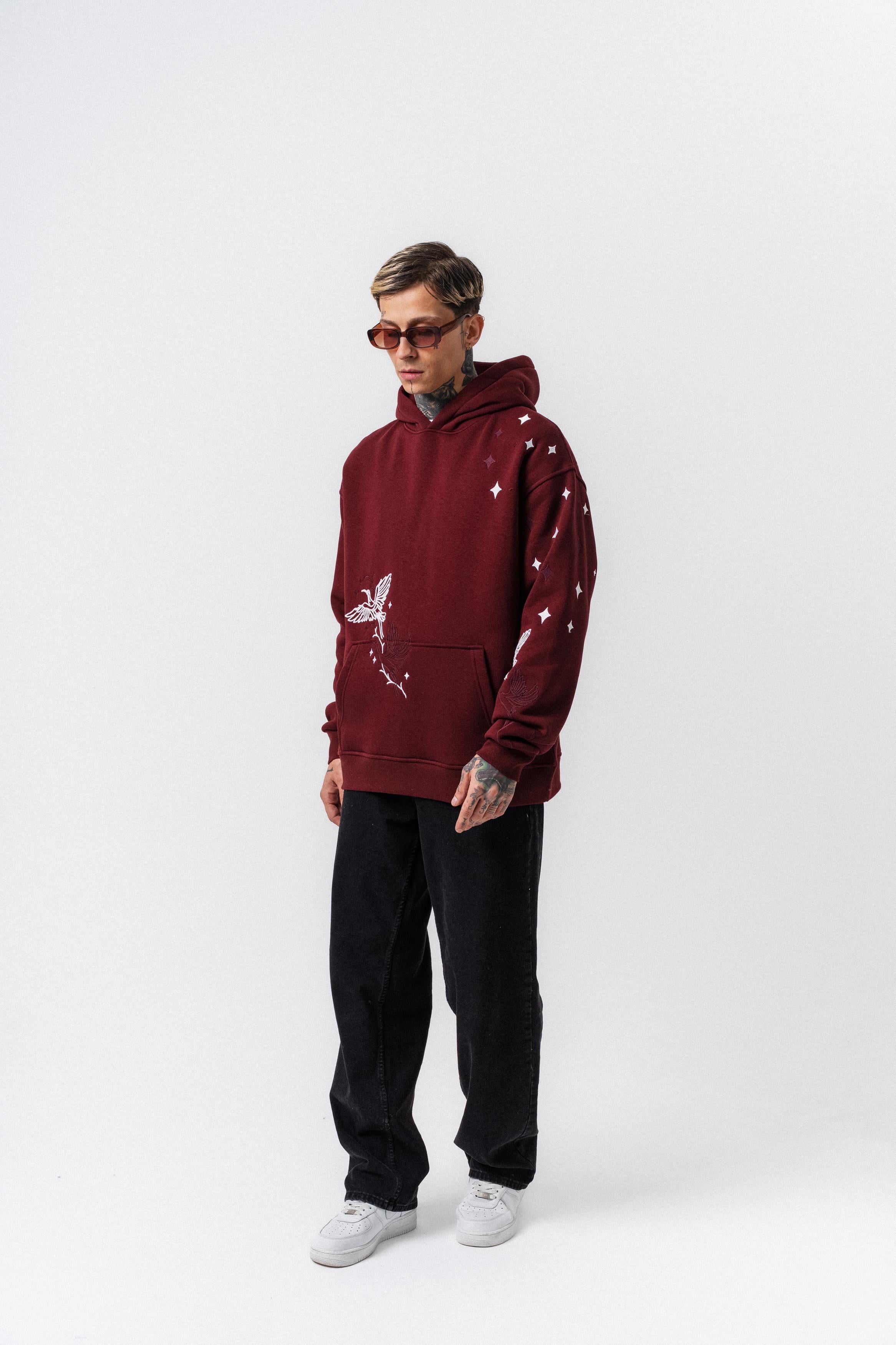 Erkek No Perch Nakışlı Kapüşonlu Oversize Hoodie Bordo