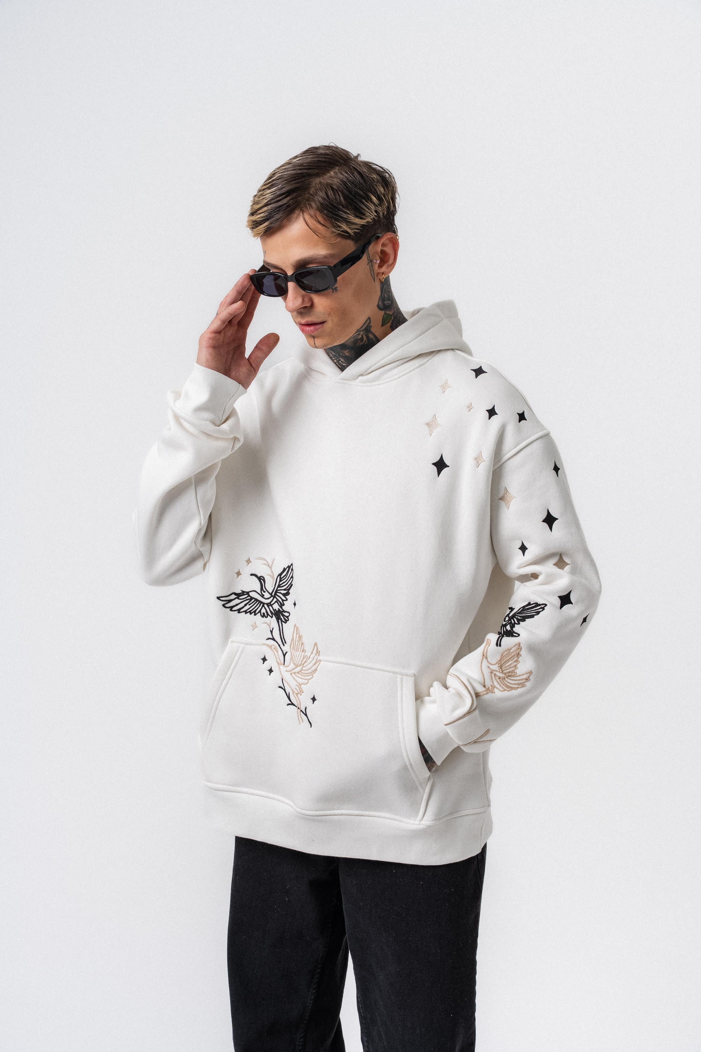 Erkek No Perch Nakışlı Kapüşonlu Oversize Hoodie Ekru