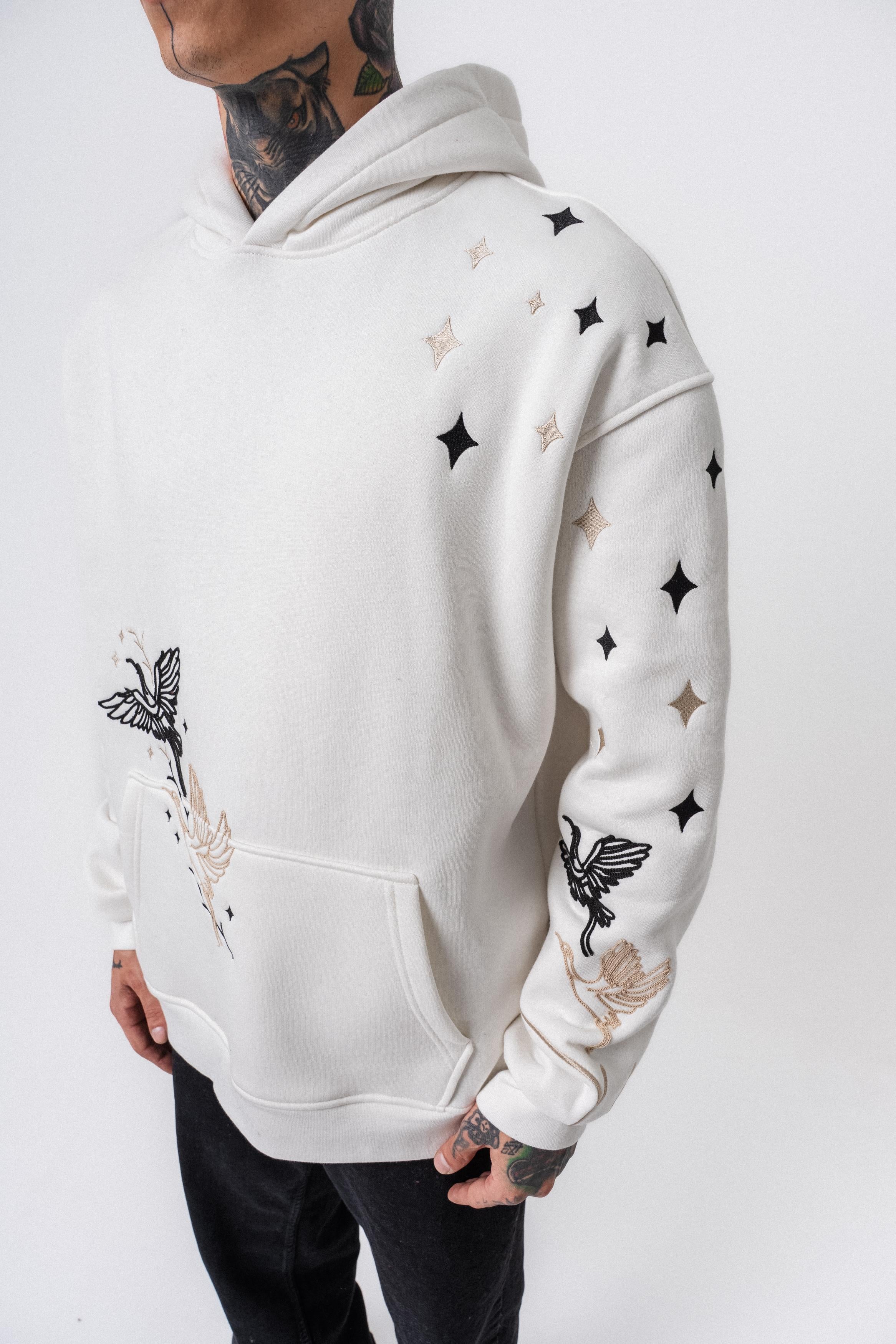 Erkek No Perch Nakışlı Kapüşonlu Oversize Hoodie Ekru