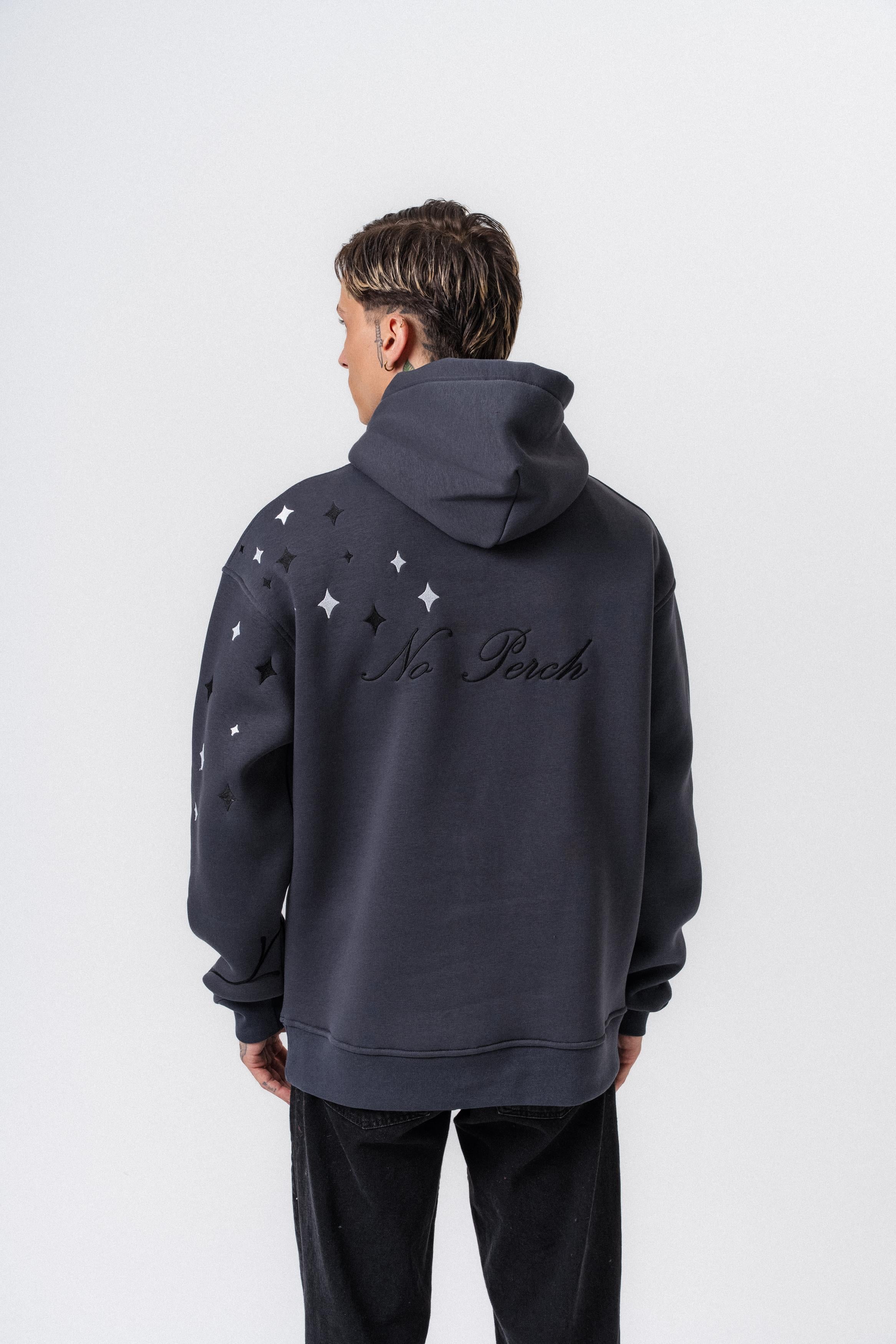 Erkek No Perch Nakışlı Kapüşonlu Oversize Hoodie Füme