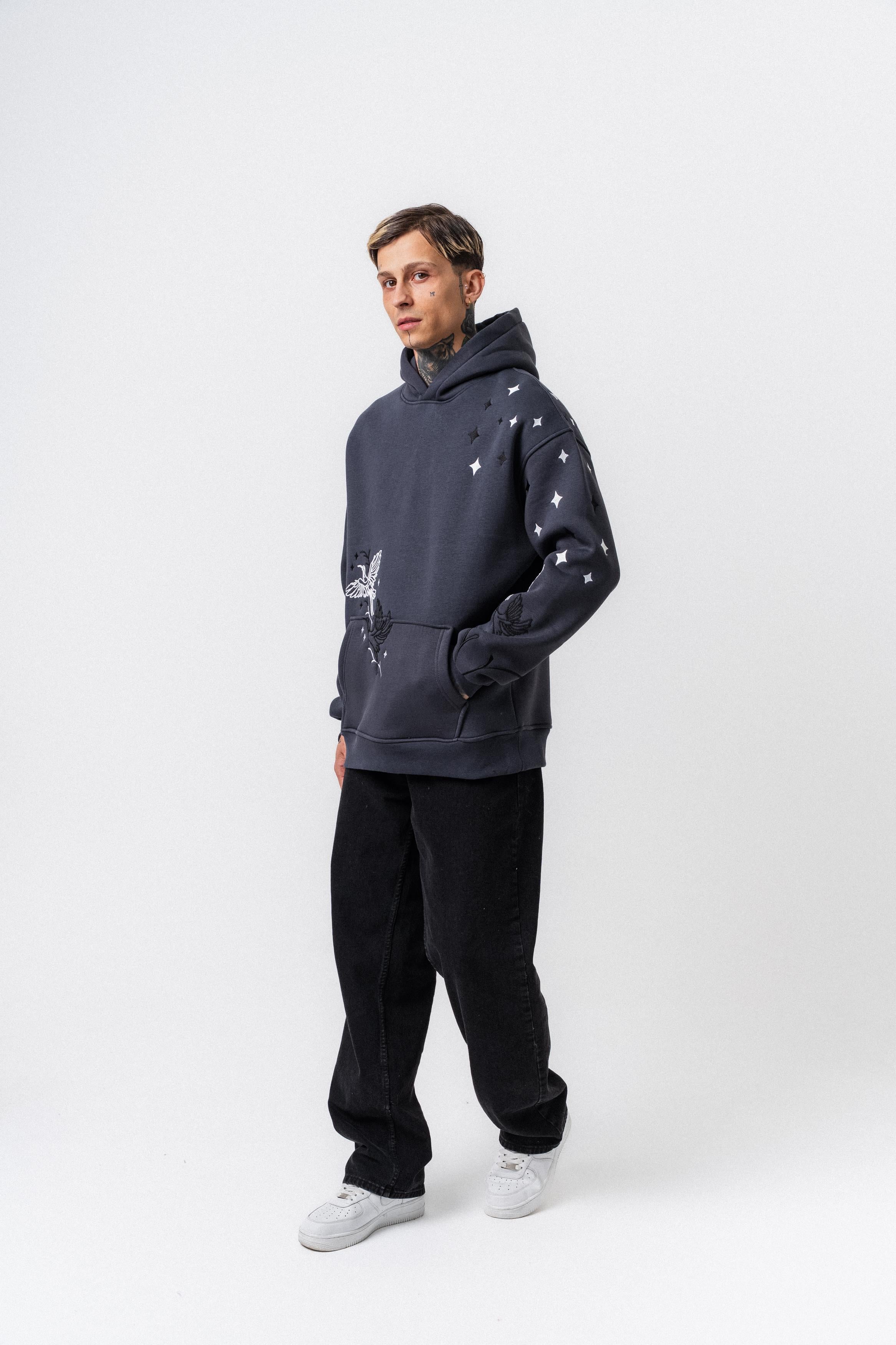 Erkek No Perch Nakışlı Kapüşonlu Oversize Hoodie Füme