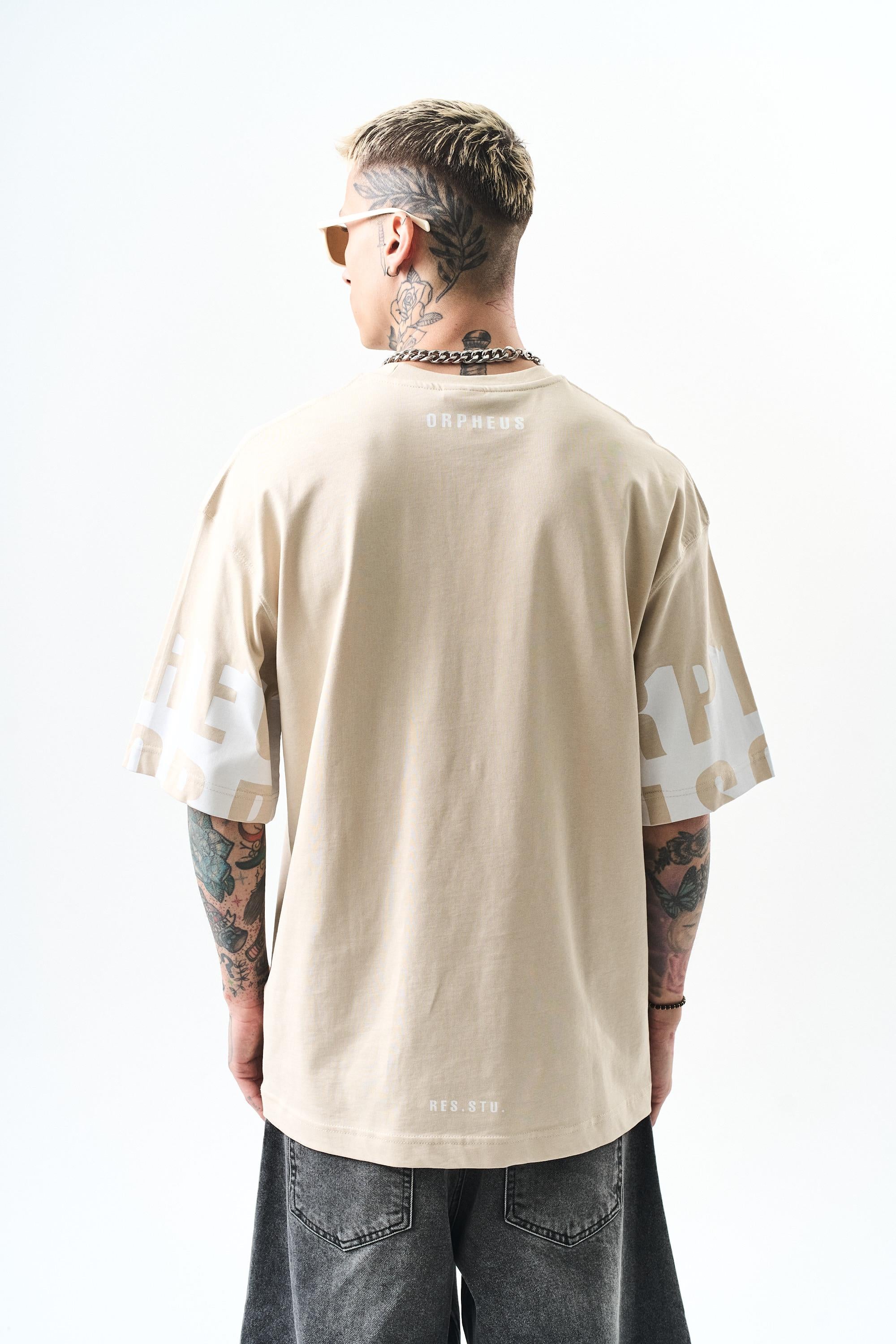 Erkek Orpheus Baskılı Oversize T-Shirt Bej