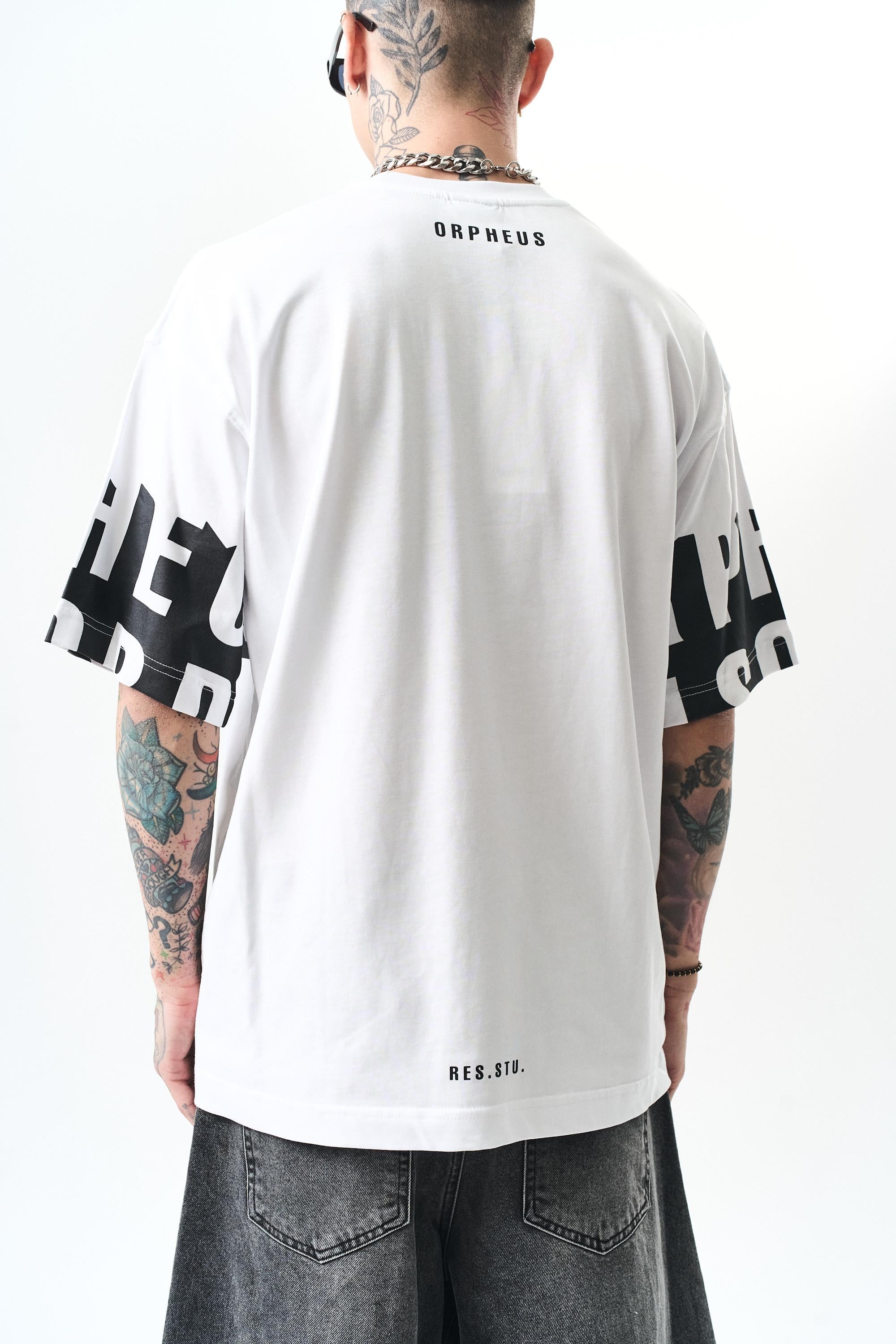 Erkek Orpheus Baskılı Oversize T-Shirt Beyaz