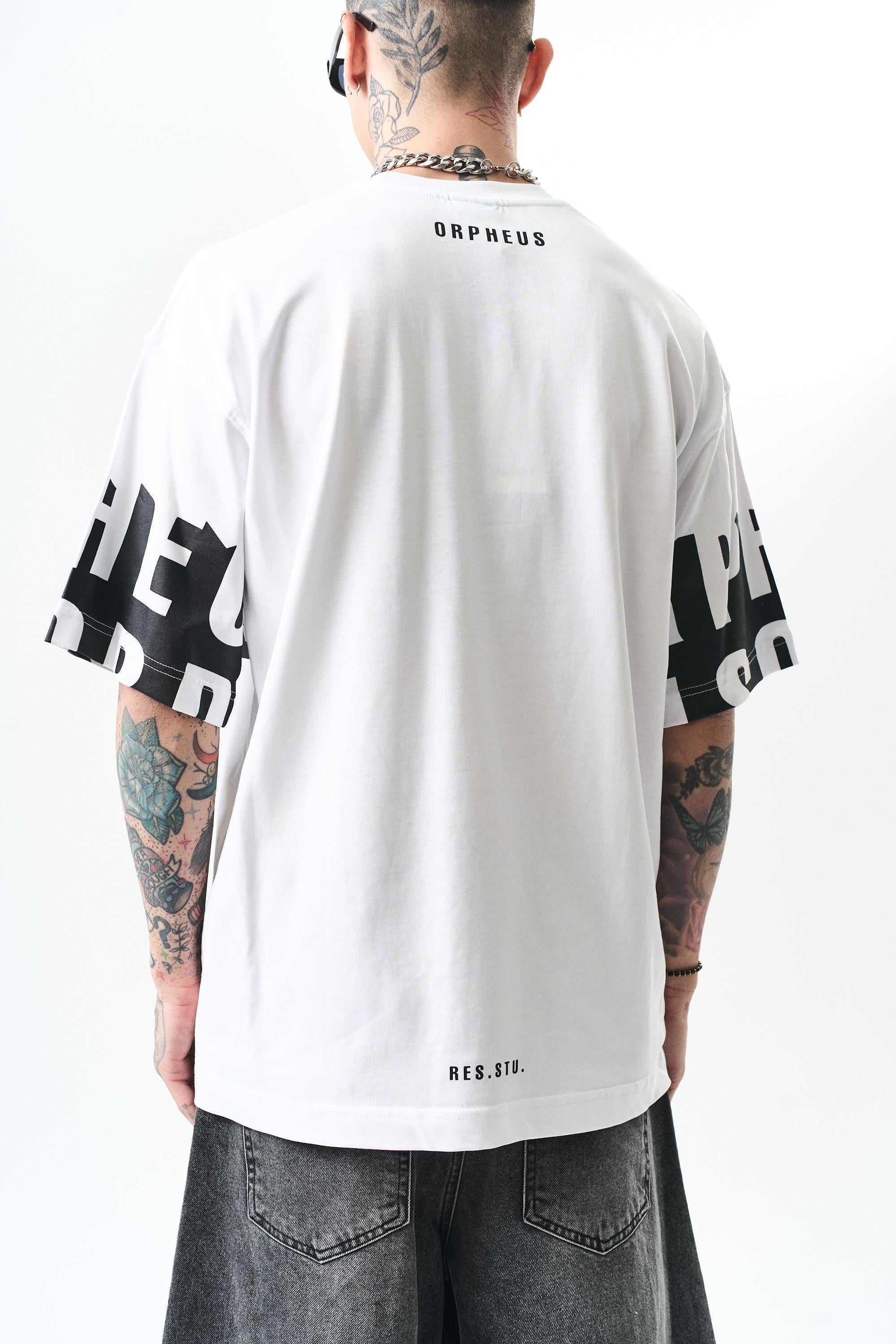 Erkek Orpheus Baskılı Oversize T-Shirt Beyaz