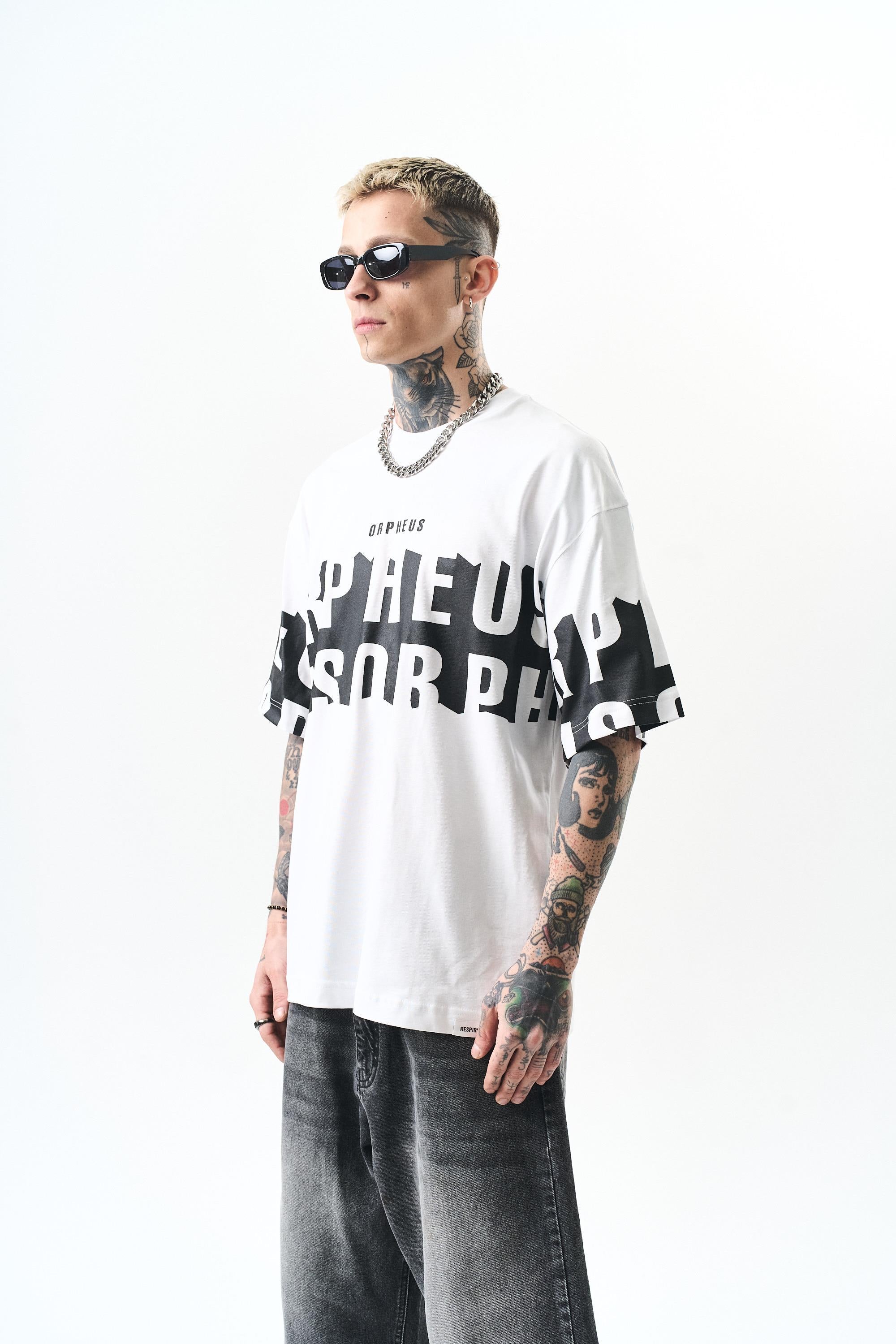 Erkek Orpheus Baskılı Oversize T-Shirt Beyaz