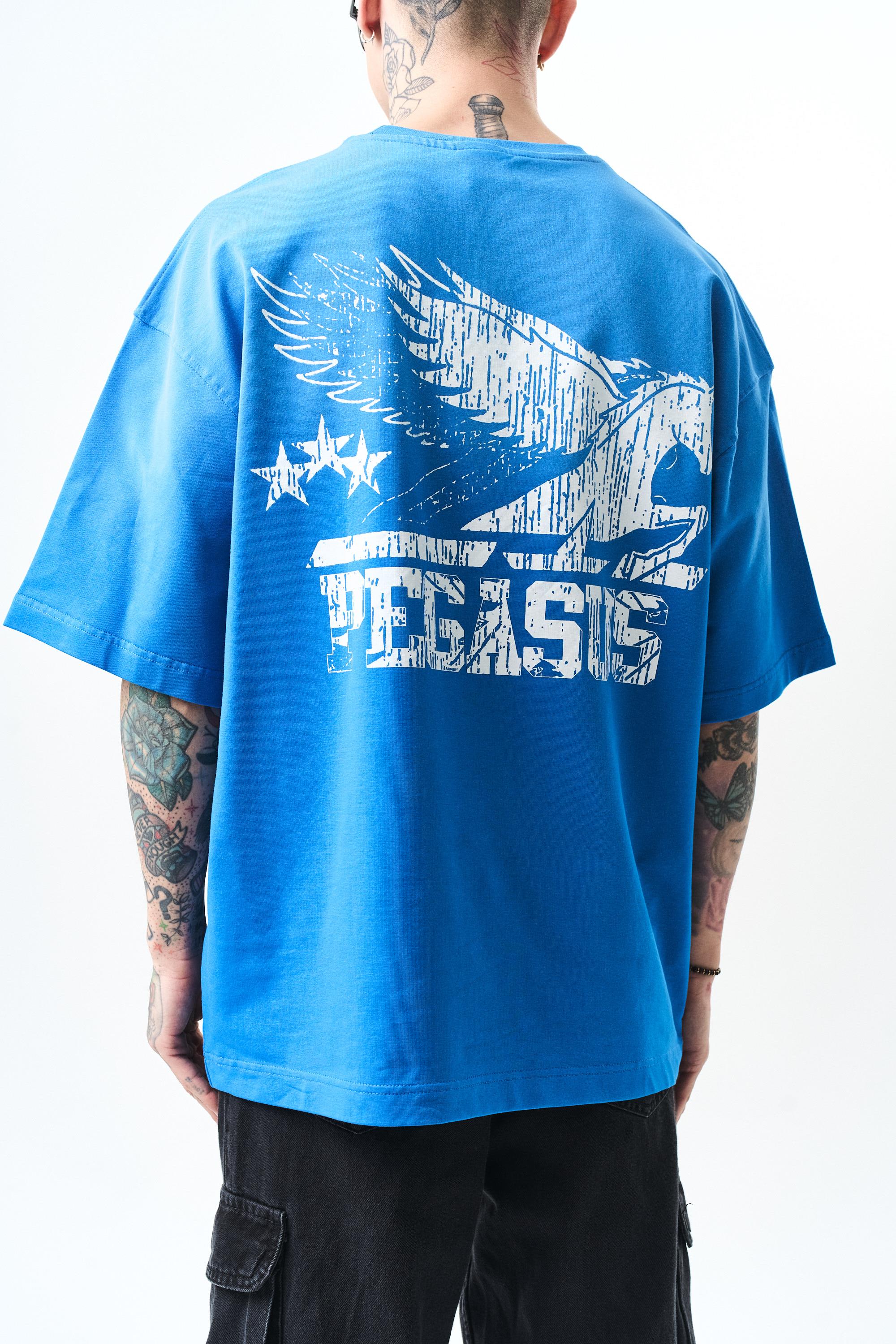 Erkek Pegasus Baskılı Oversize T-Shirt Mavi