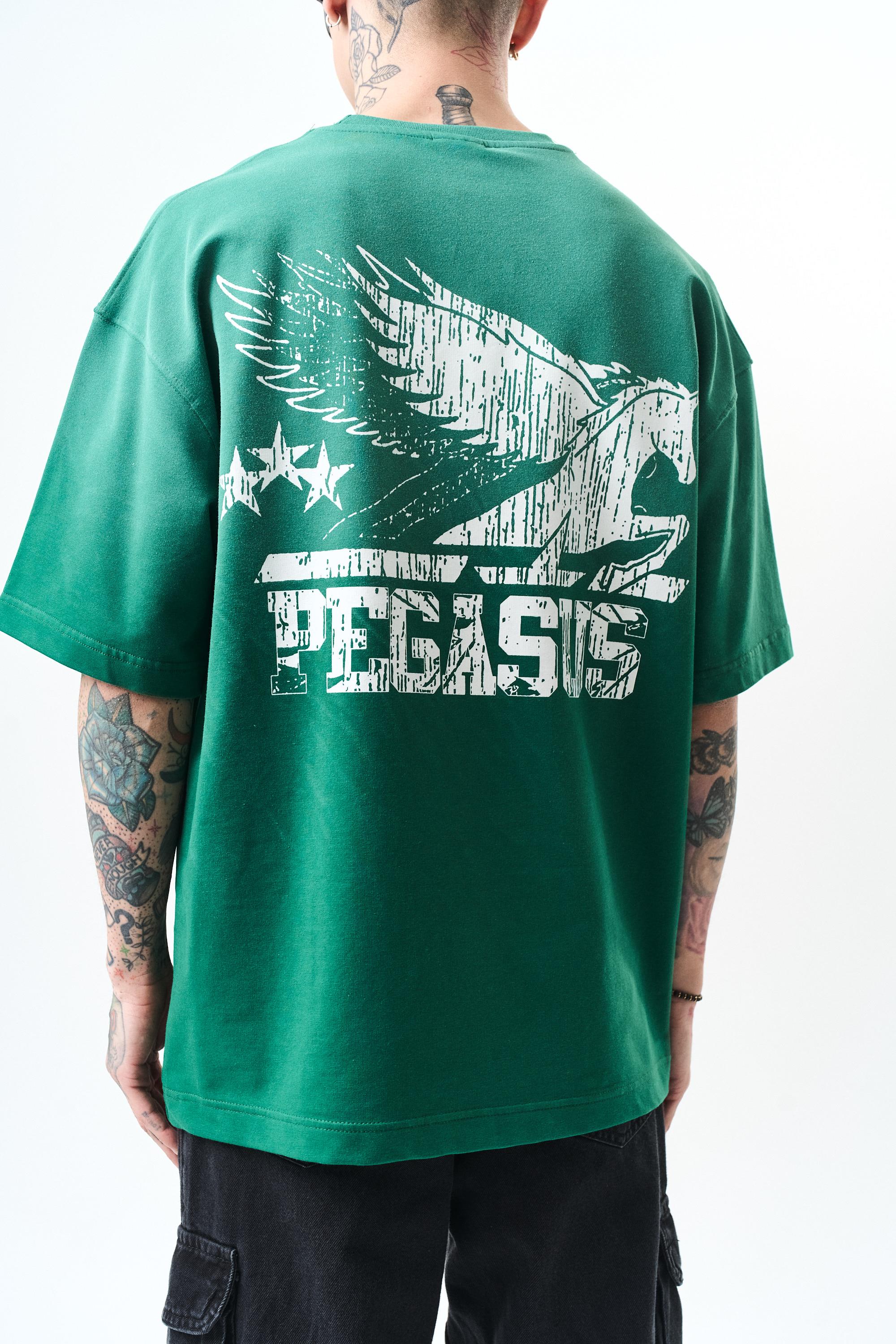 Erkek Pegasus Baskılı Oversize T-Shirt Nefti