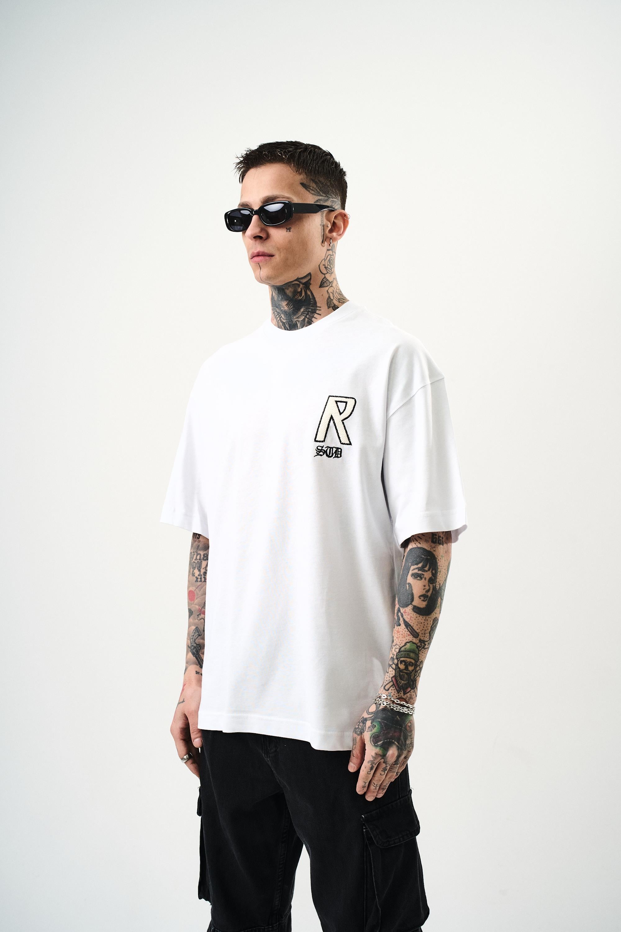 Erkek R Creative Nakışlı Oversize T-Shirt Beyaz - 2