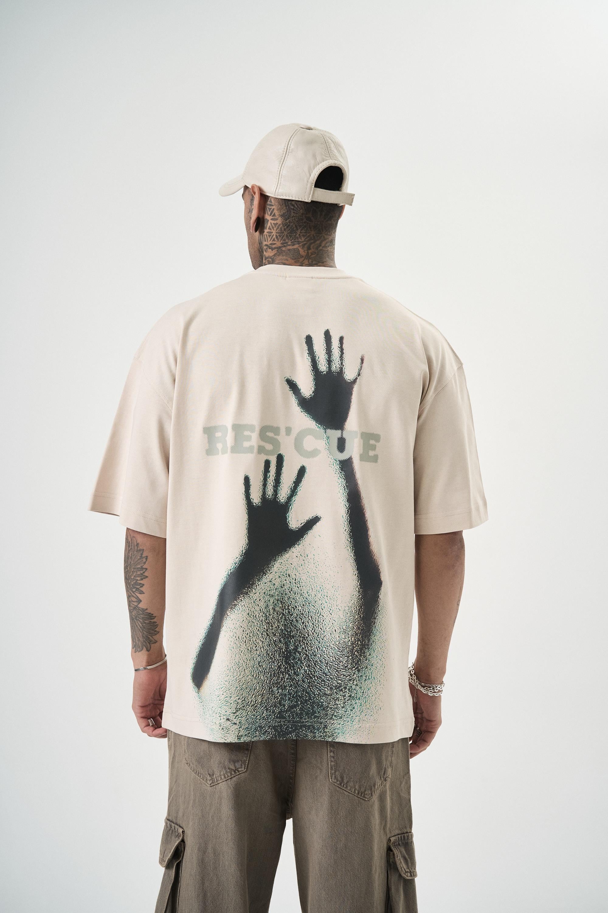 Erkek Res'Cue Baskılı Oversize T-Shirt Bej