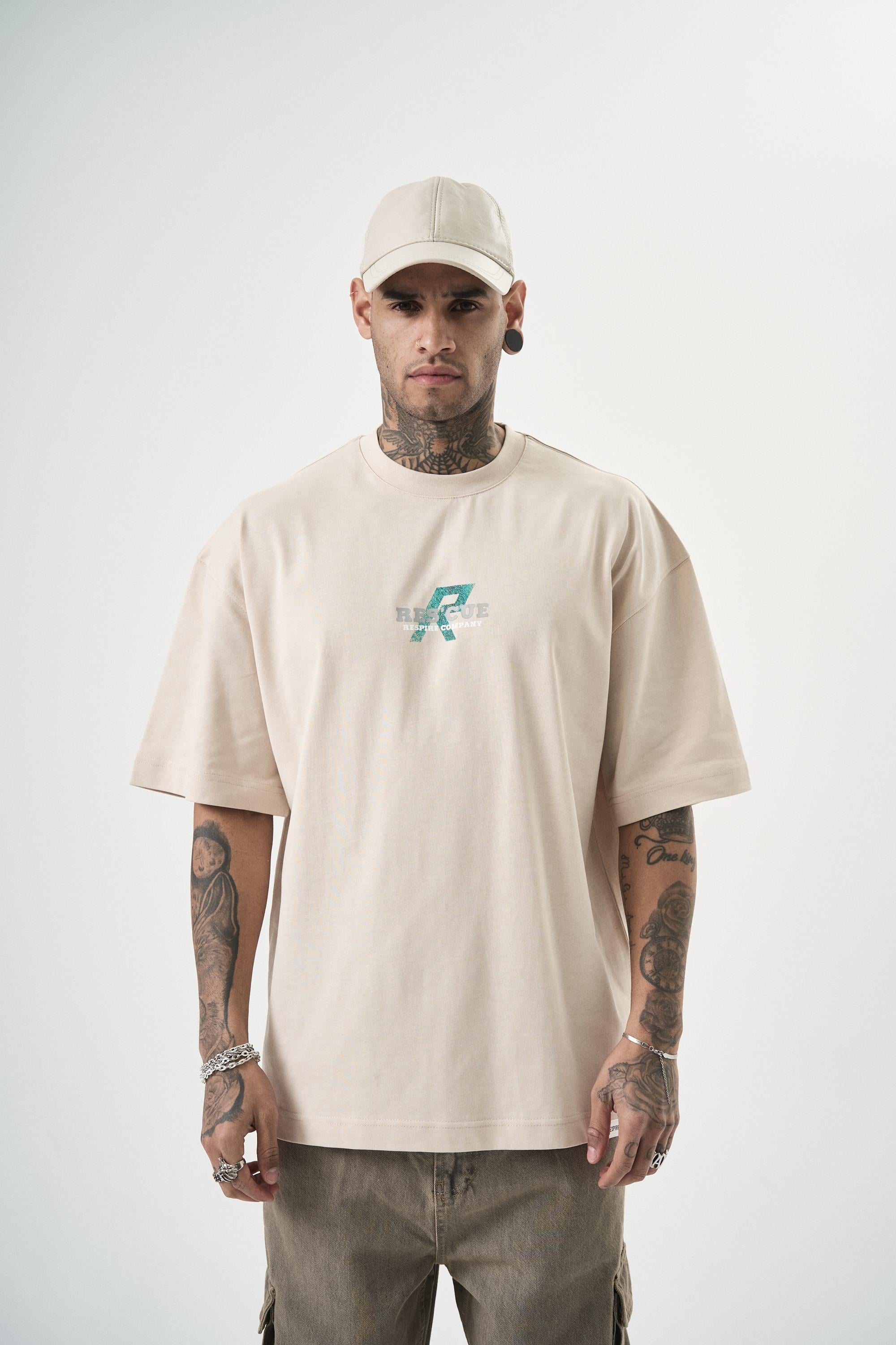 Erkek Res'Cue Baskılı Oversize T-Shirt Bej