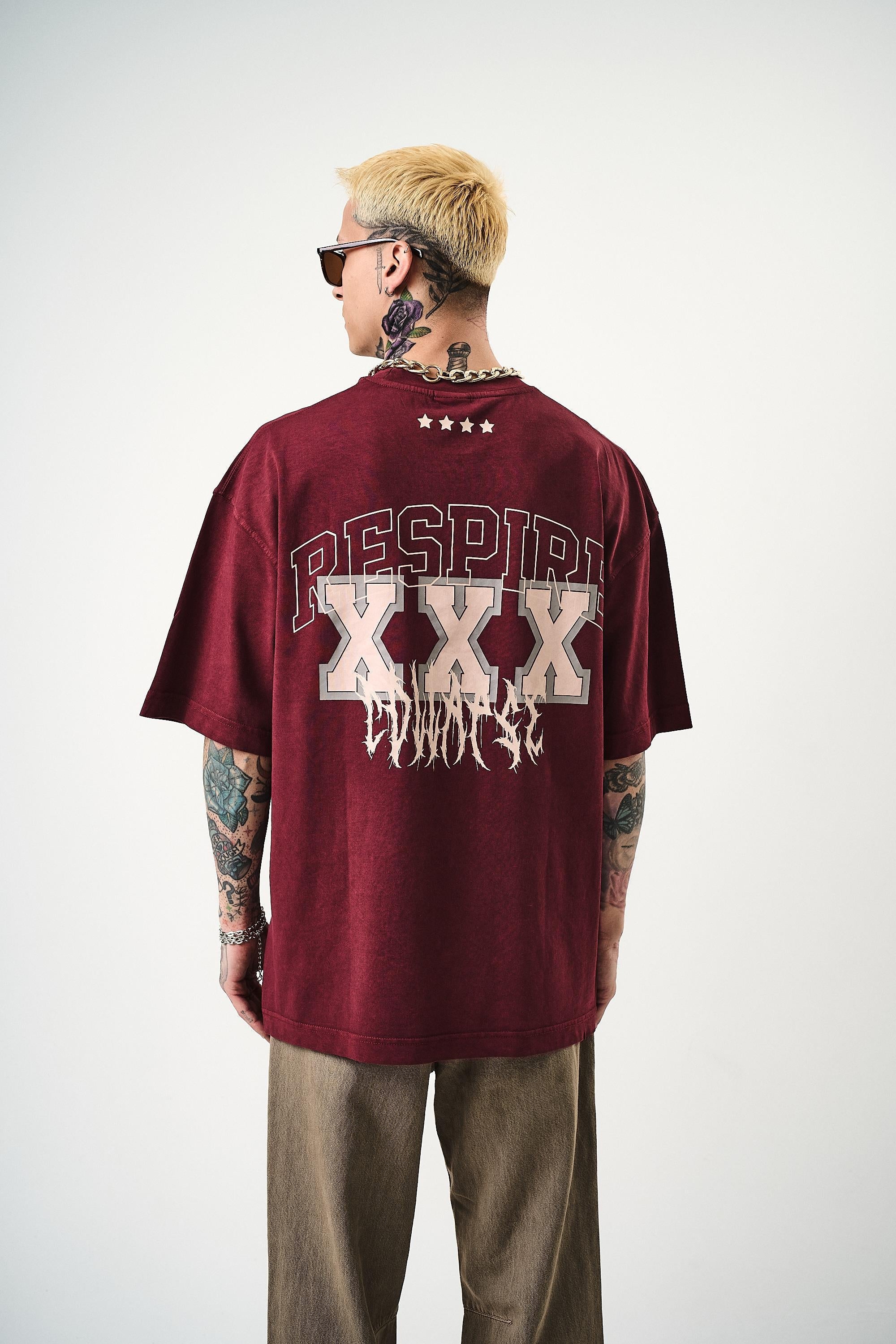 Erkek Respire Baskılı Yıkamalı Oversize T-Shirt Bordo - 2