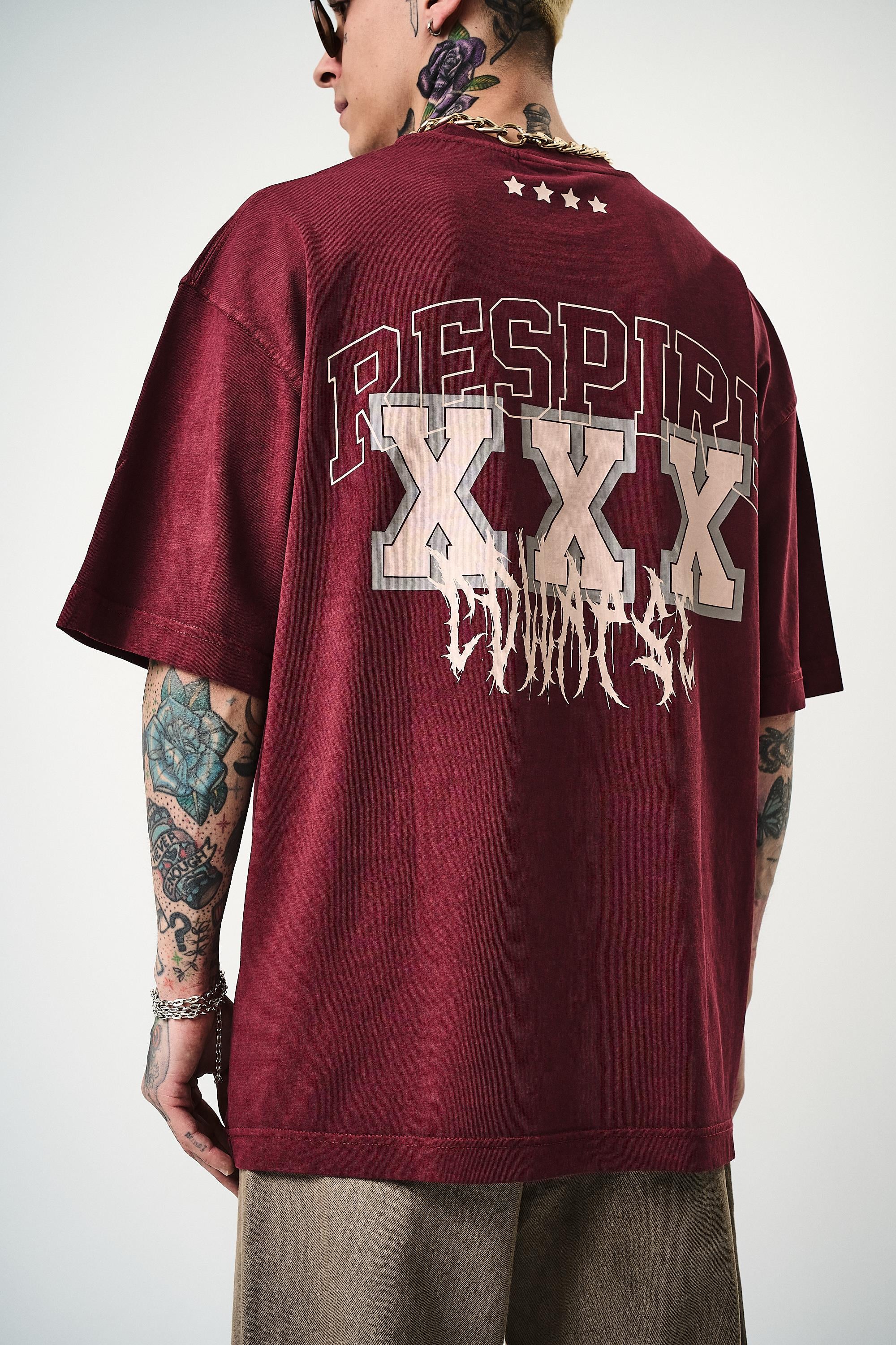 Erkek Respire Baskılı Yıkamalı Oversize T-Shirt Bordo - 3