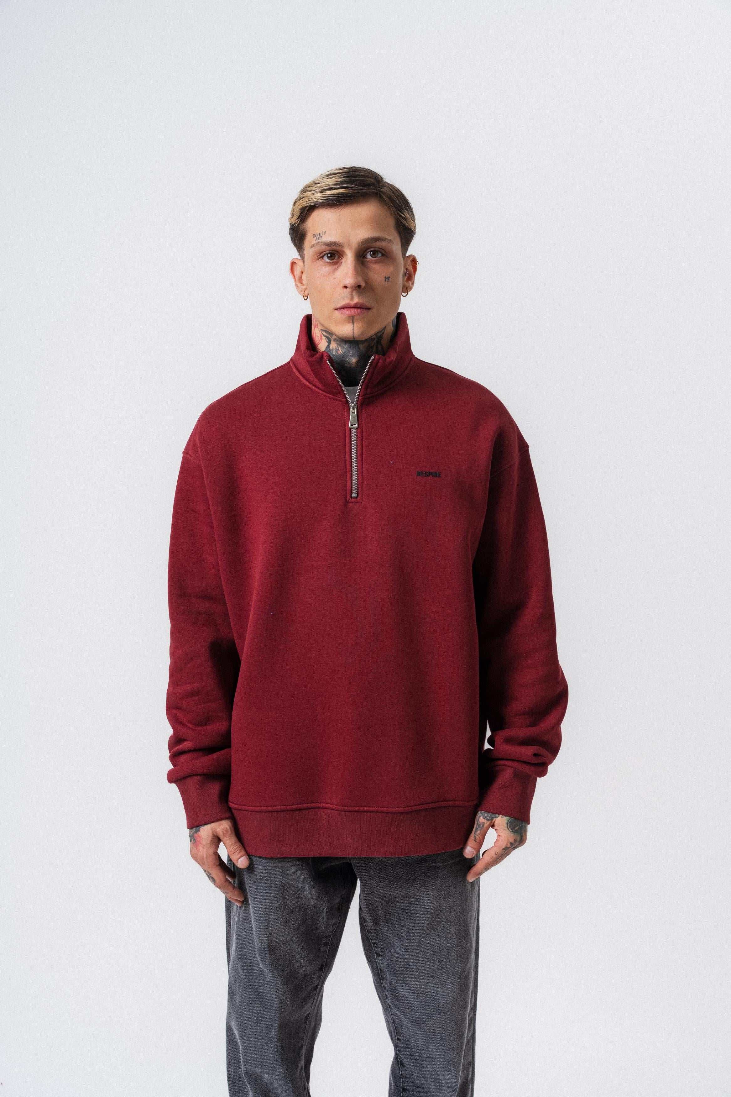 Erkek Respire Yazı Detaylı Yarım Fermuarlı Basic Sweatshirt Bordo