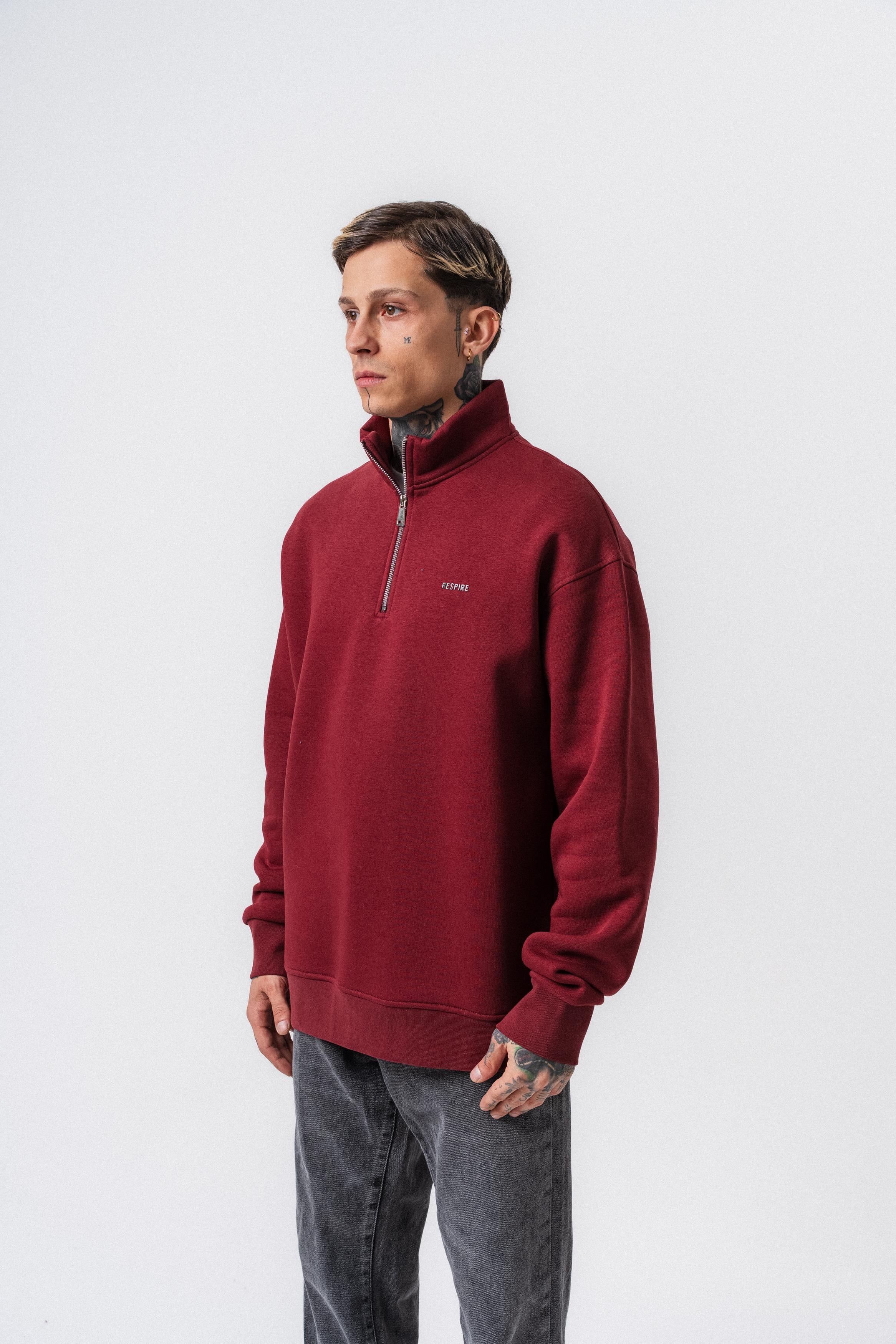 Erkek Respire Yazı Detaylı Yarım Fermuarlı Basic Sweatshirt Bordo