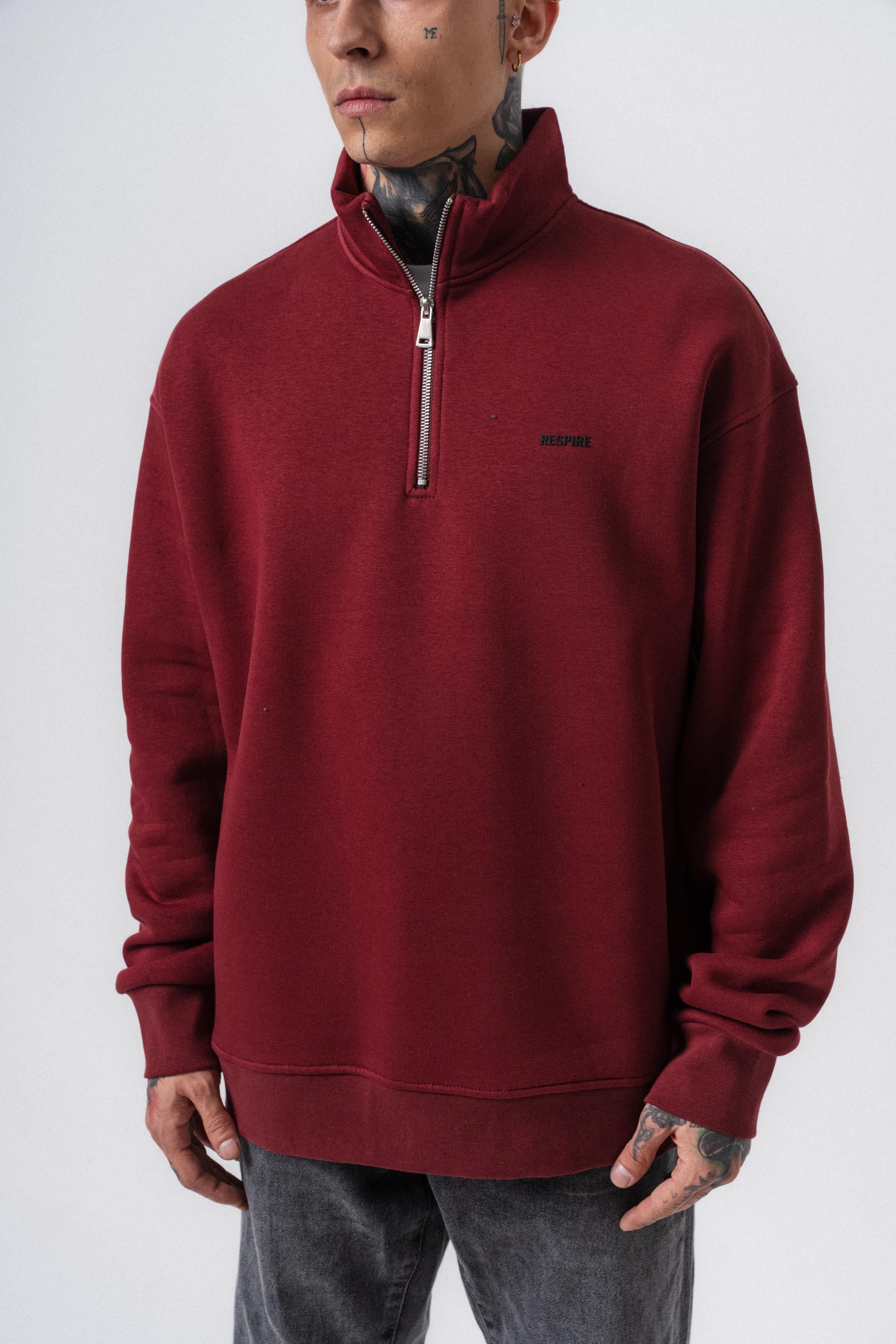 Erkek Respire Yazı Detaylı Yarım Fermuarlı Basic Sweatshirt Bordo