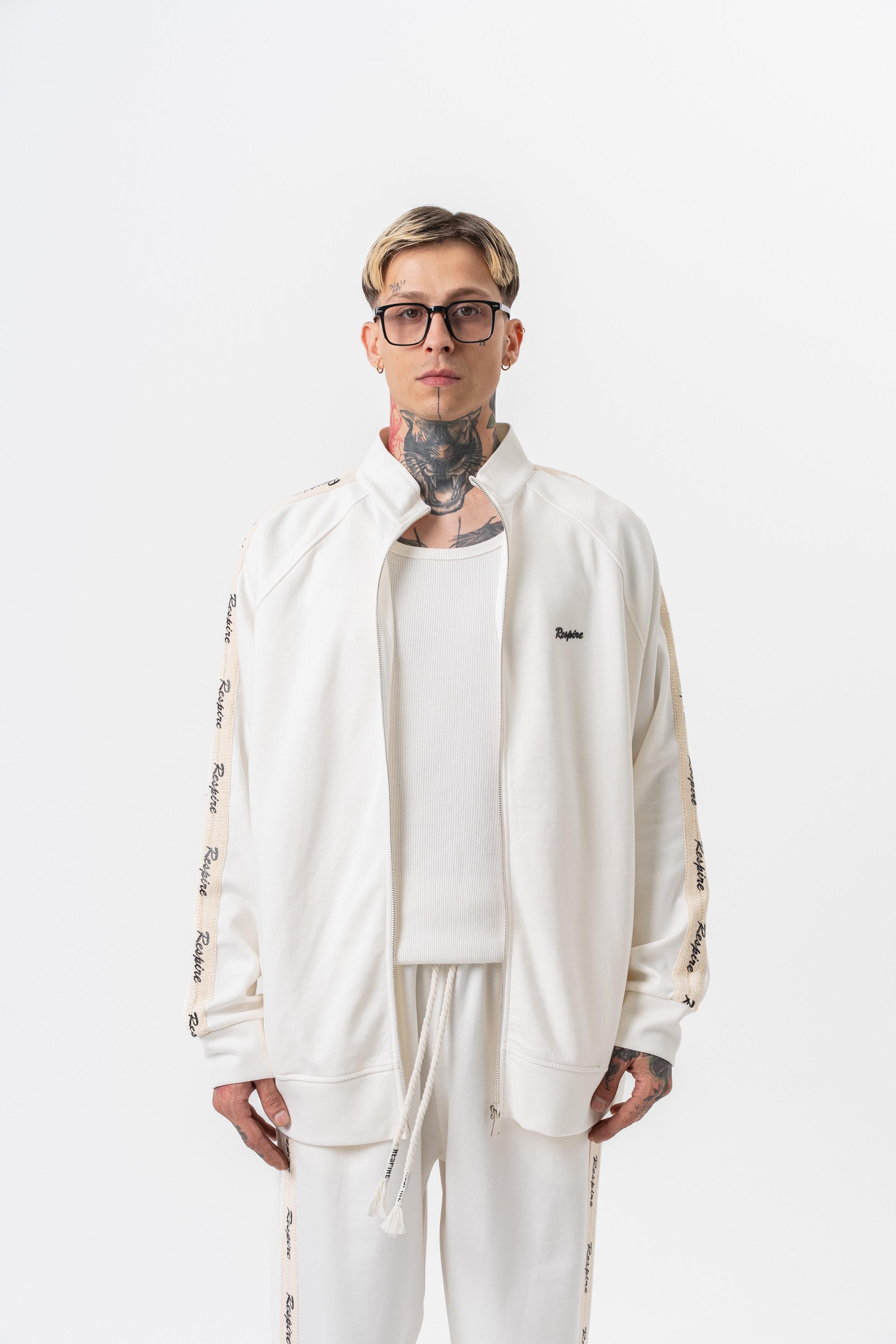 Erkek Respire Şerit Detaylı Dik Yaka Doubleface Zip Oversize Sweatshirt Ekru