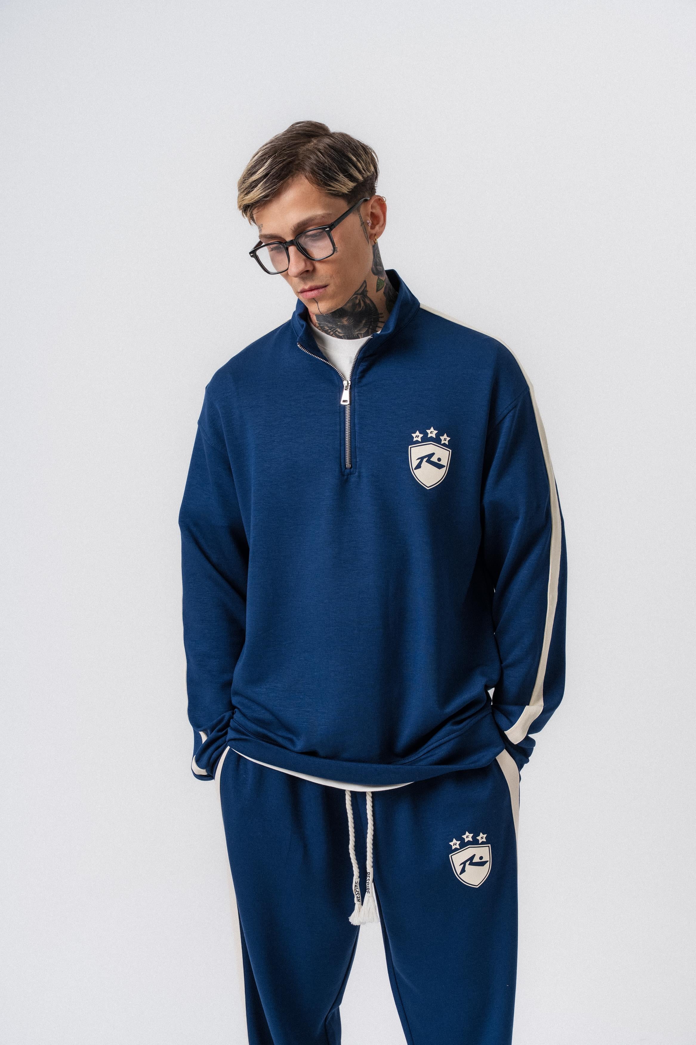 Erkek Şerit Detaylı Yarım Fermuarlı Modal Sweatshirt Lacivert