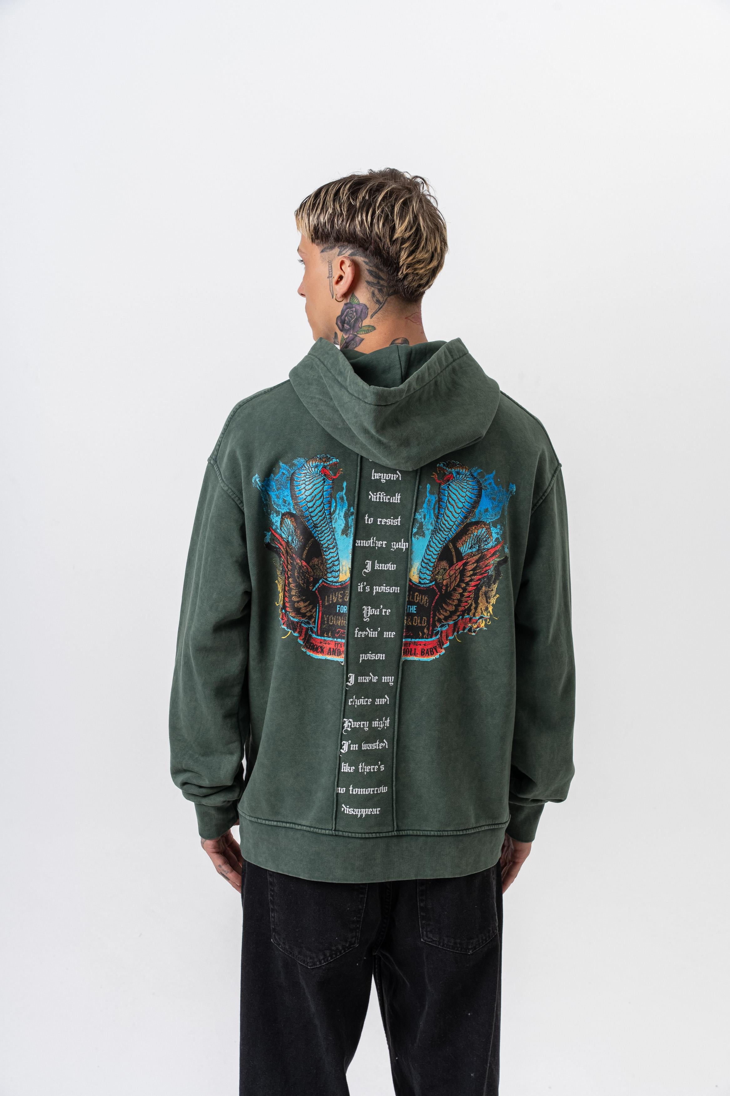 Erkek Snake Baskılı Yıkamalı Kapüşonlu Oversize Hoodie Yeşil