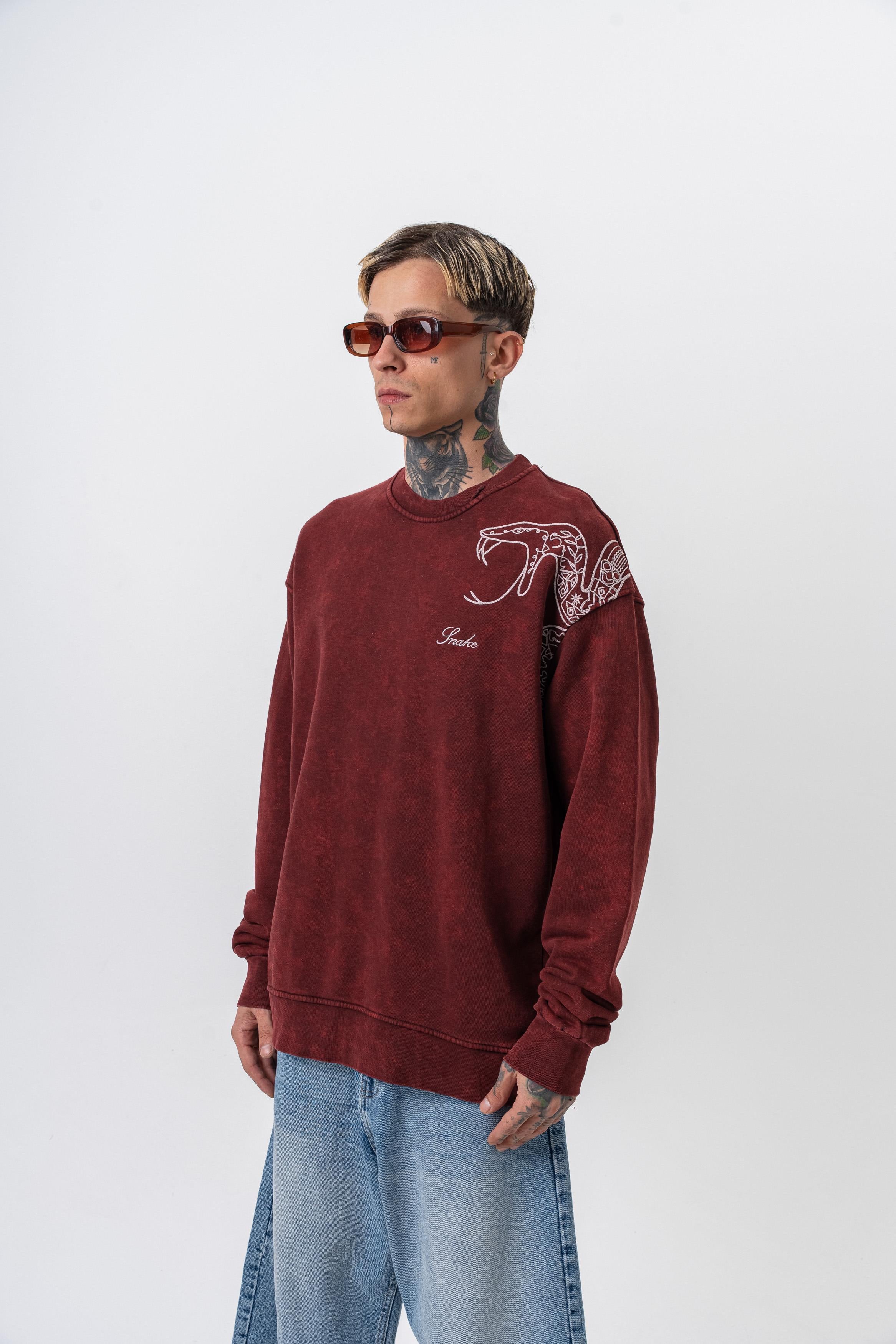 Snake Nakışlı Yıkamalı Bisiklet Yaka Oversize Sweatshirt - Bordo - 2