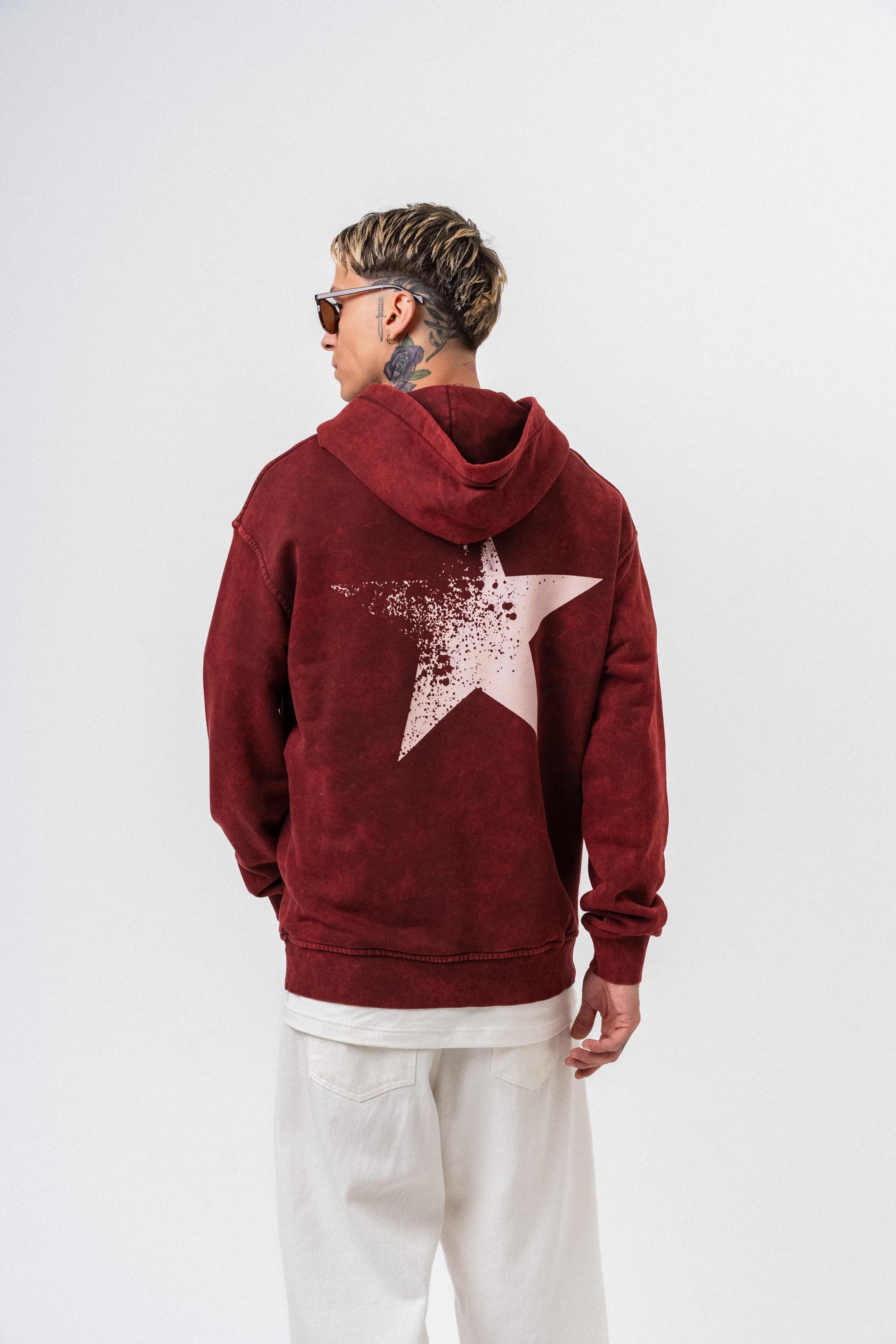 Erkek Star Baskılı Yıkamalı Kapüşonlu Oversize Hoodie Bordo - 1