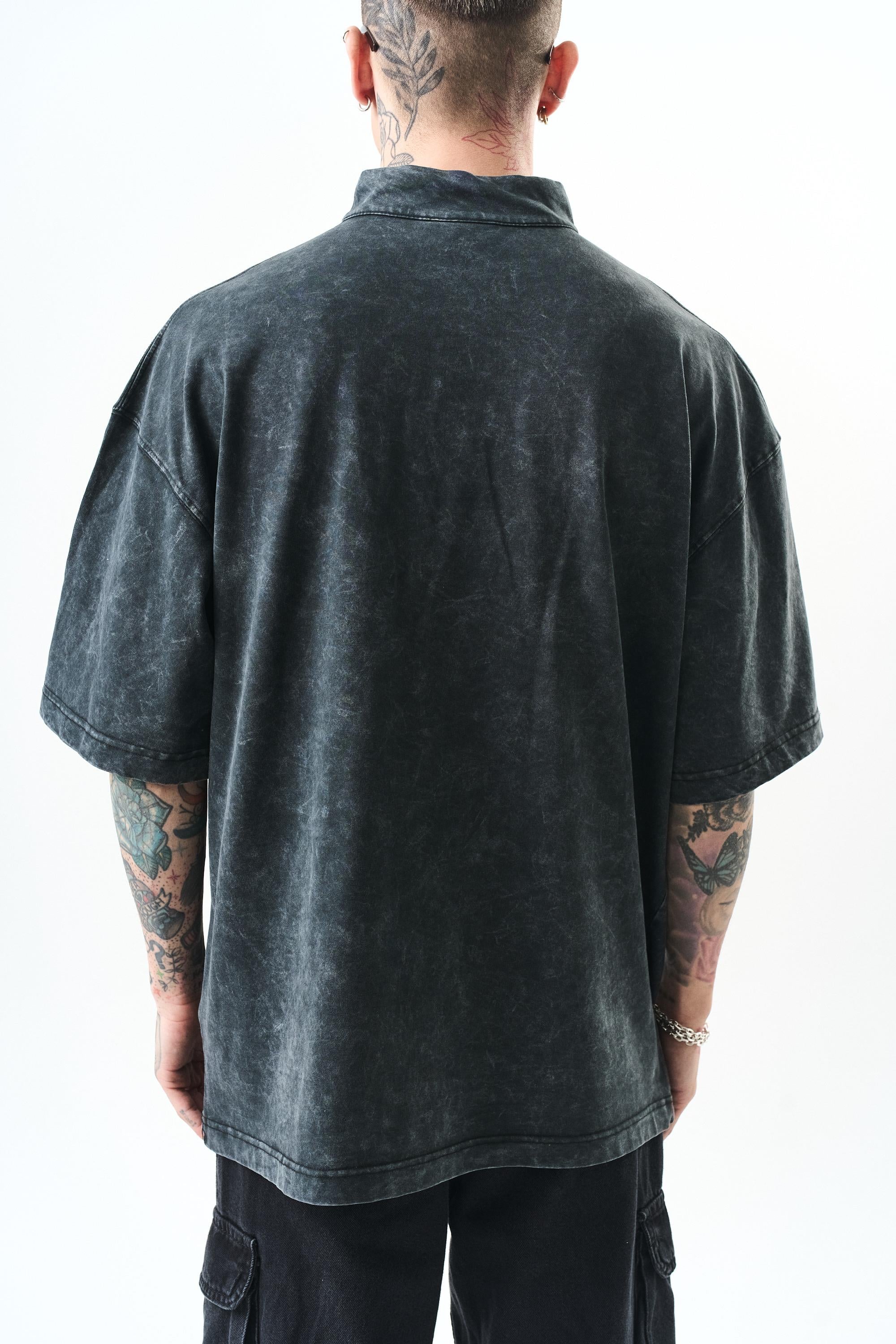 Erkek Still Alive Baskılı Yarım Fermuarlı Yıkamalı Oversize T-Shirt Siyah