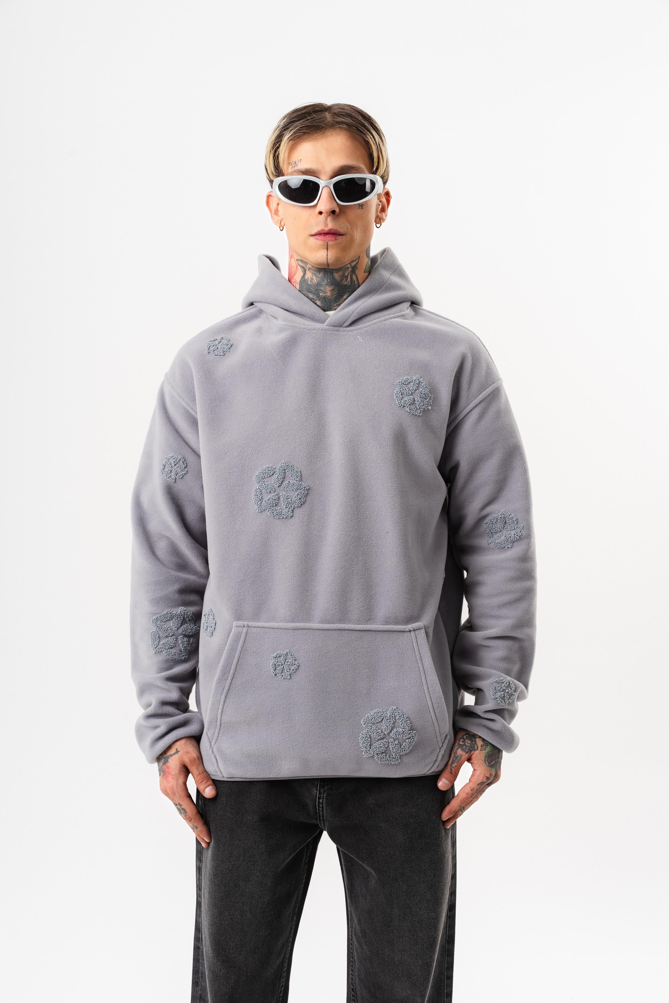 Erkek Süzene Nakış Detaylı Kapüşonlu Oversize Polar Hoodie Gri