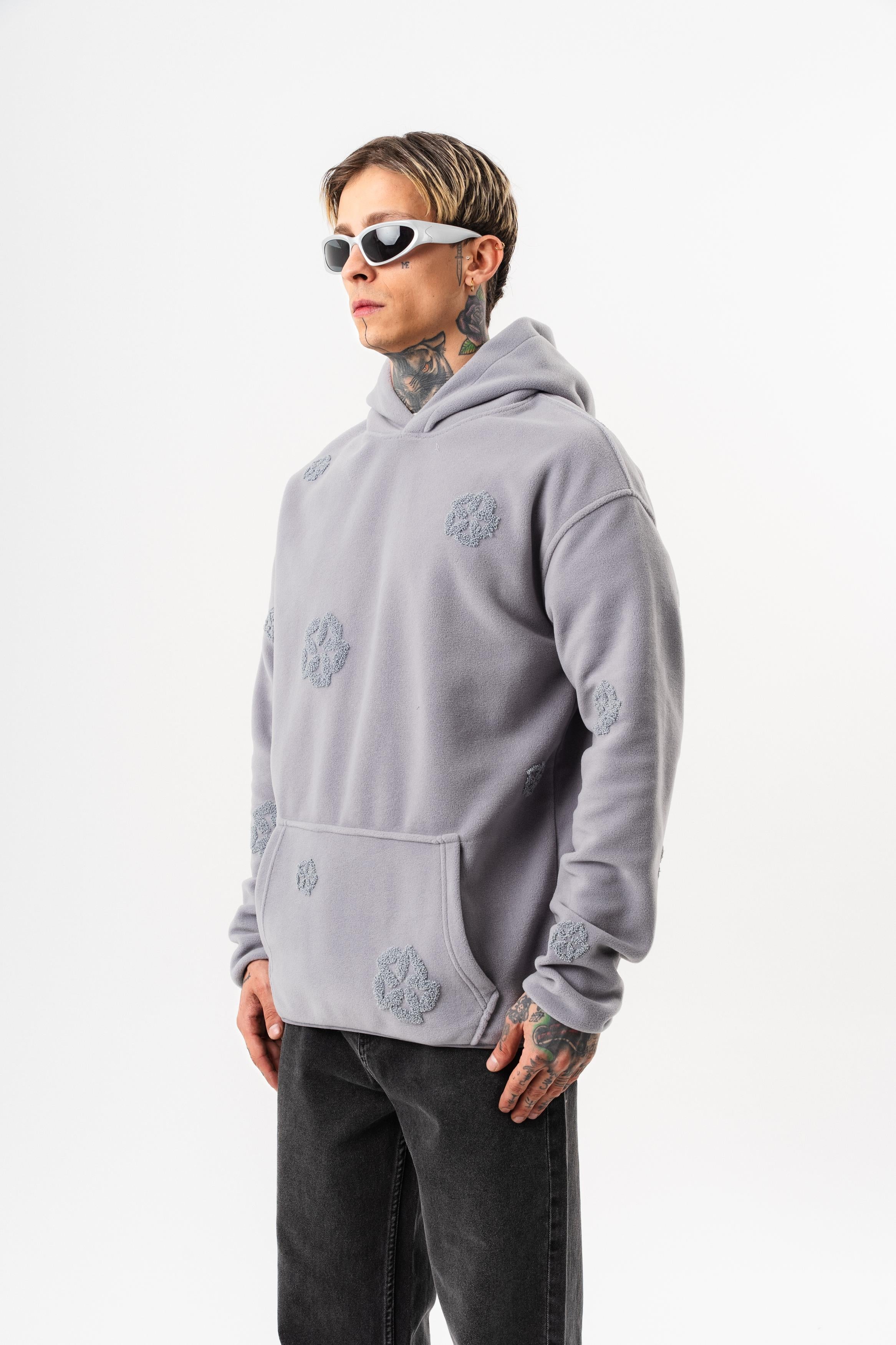 Erkek Süzene Nakış Detaylı Kapüşonlu Oversize Polar Hoodie Gri