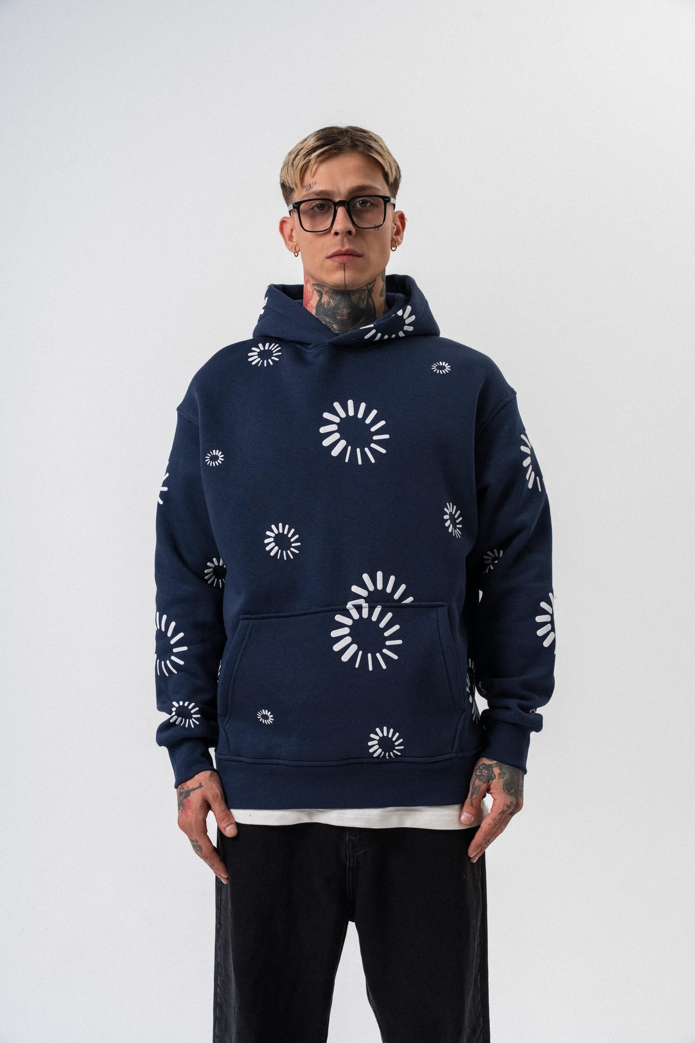 Erkek Upload Baskılı Kapüşonlu Oversize Hoodie Lacivert