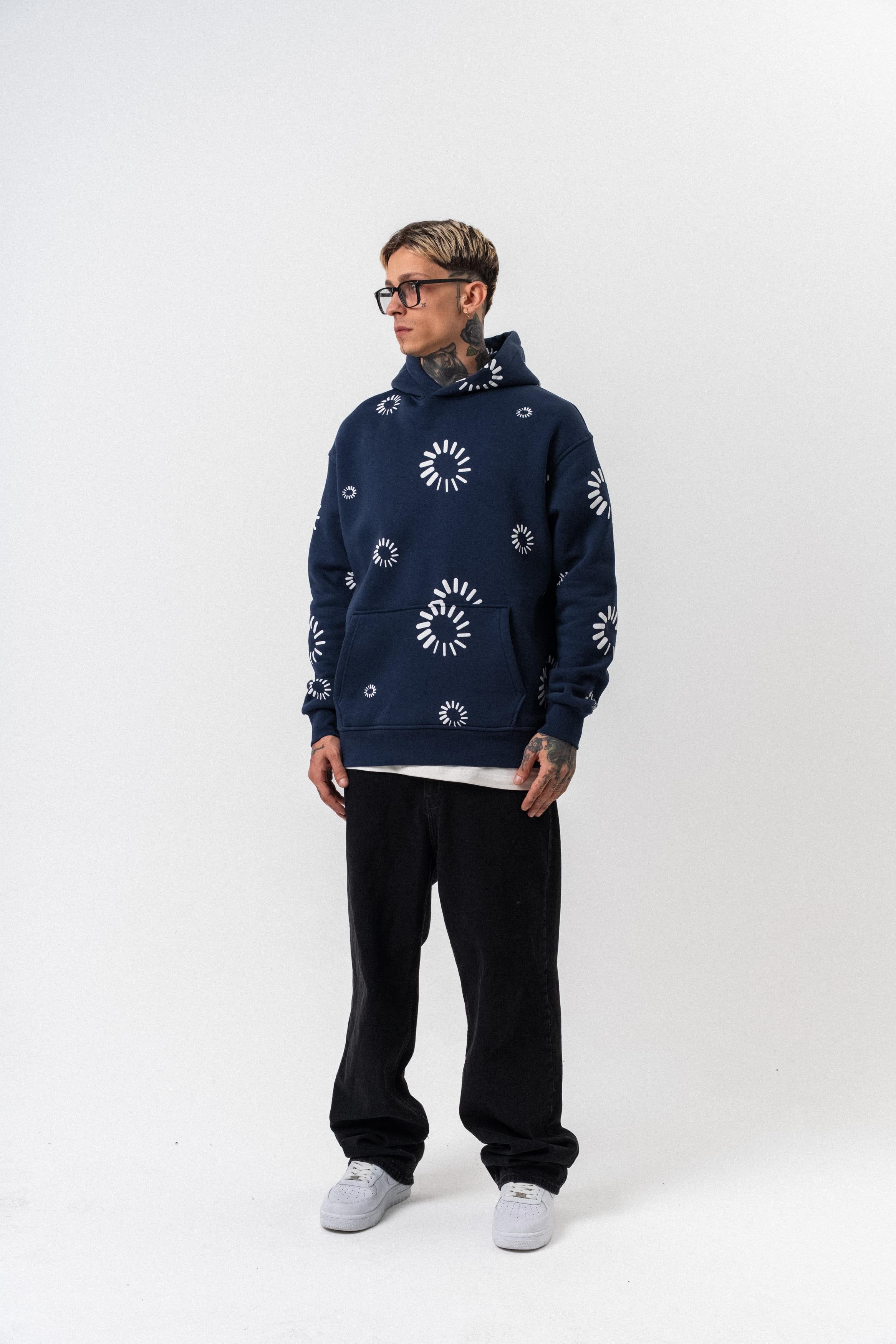 Erkek Upload Baskılı Kapüşonlu Oversize Hoodie Lacivert