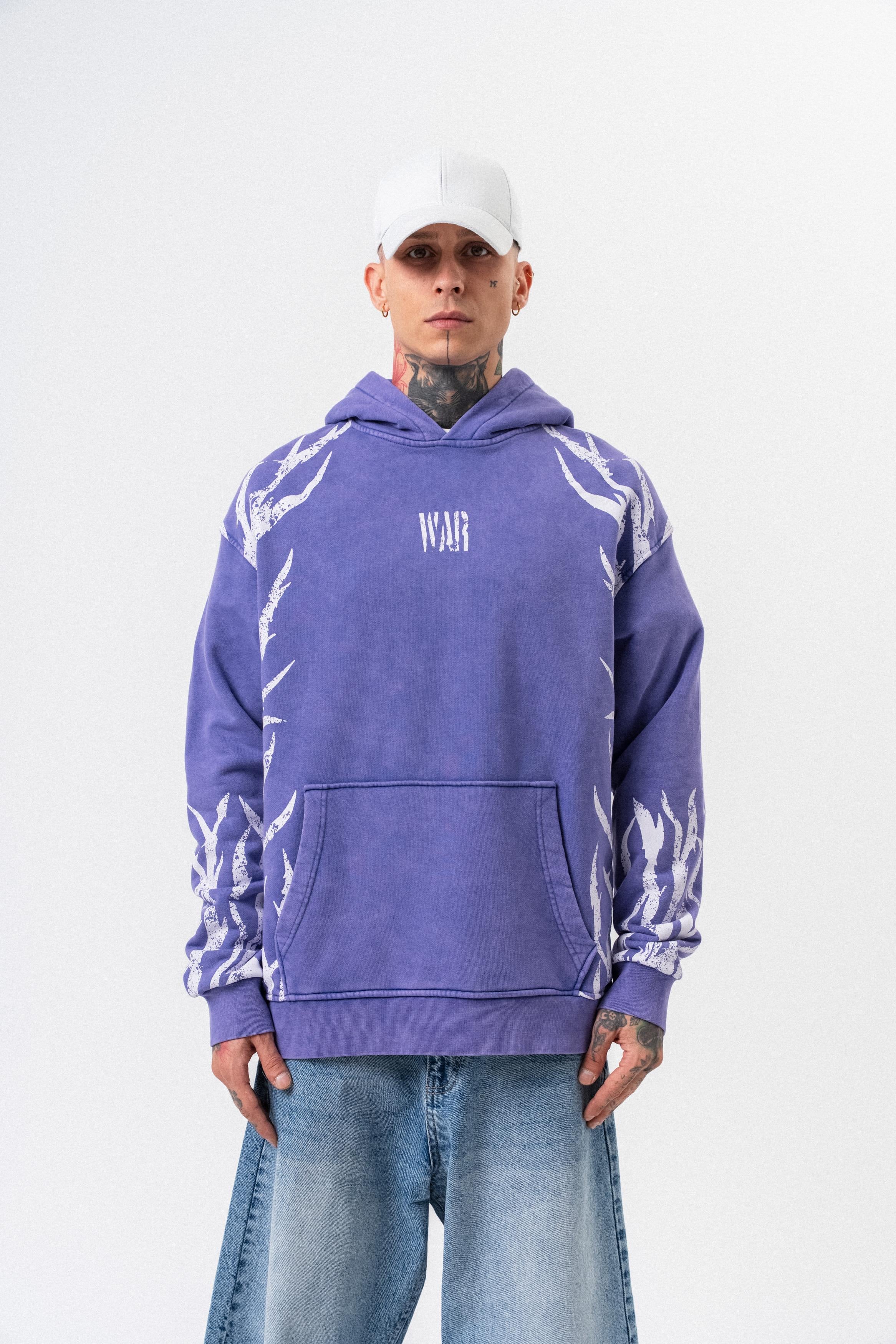 Erkek War Baskılı Yıkamalı Kapüşonlu Oversize Hoodie Mor - 0
