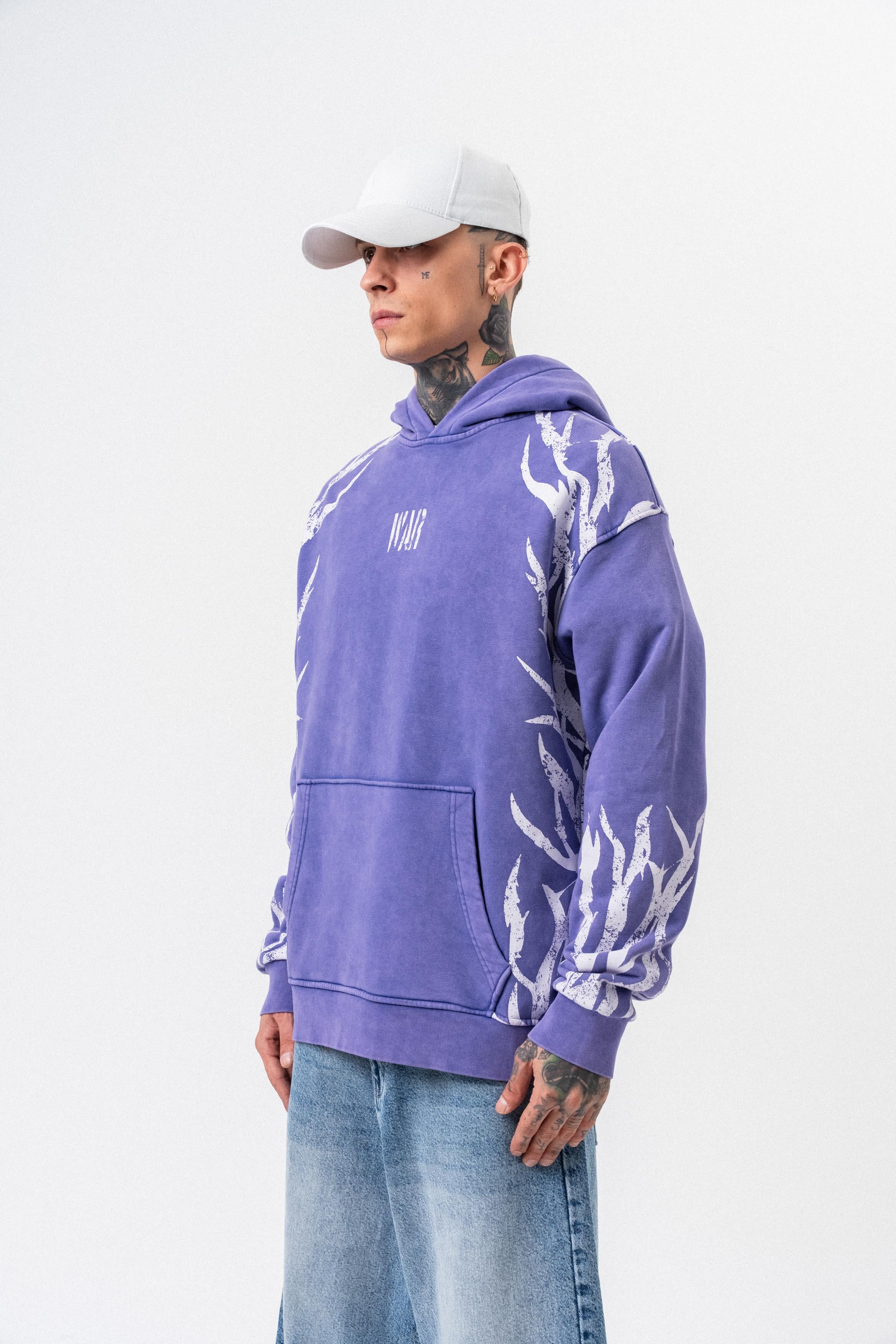 Erkek War Baskılı Yıkamalı Kapüşonlu Oversize Hoodie Mor - 2
