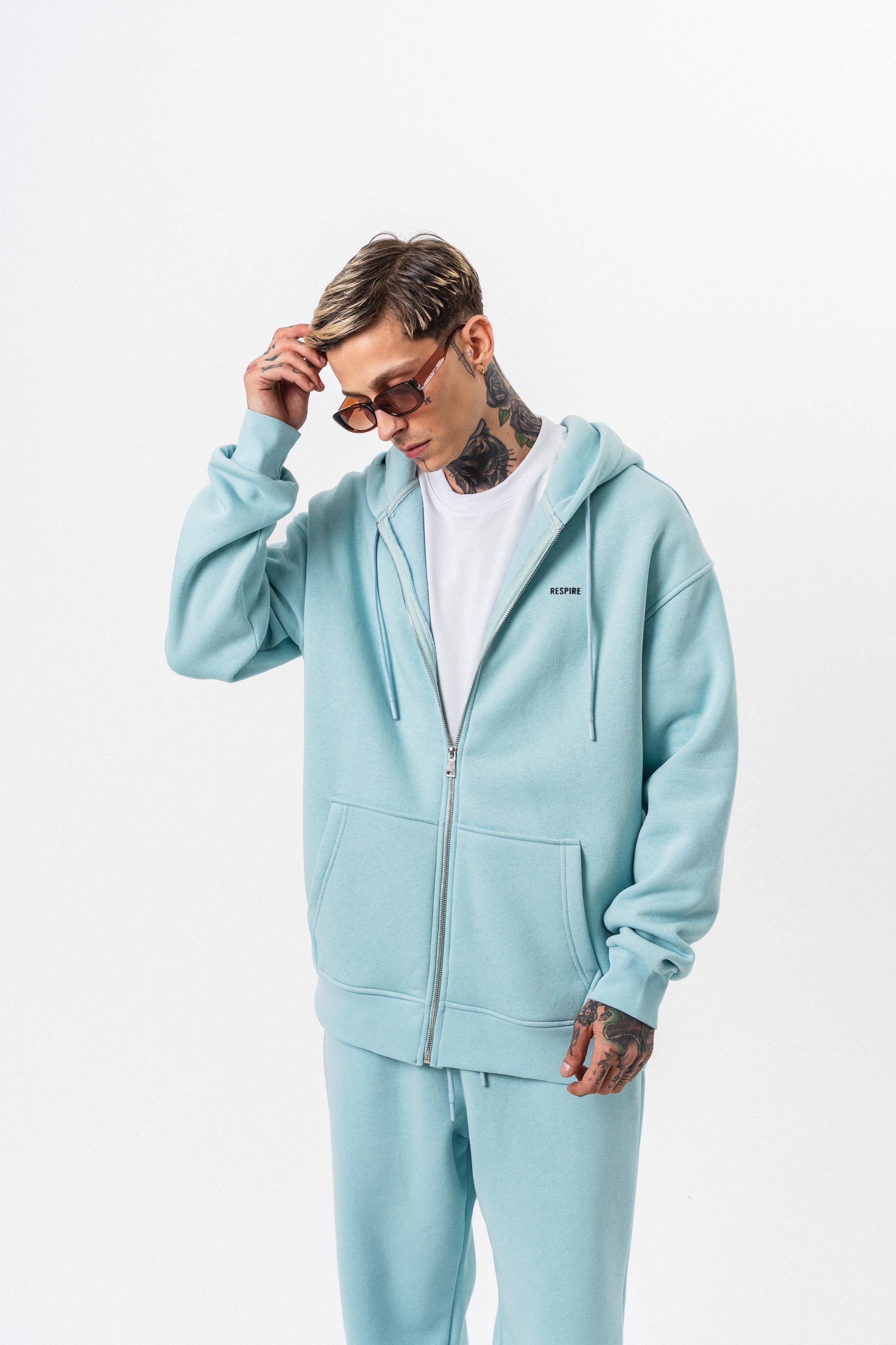 Erkek Respire Yazı Detaylı Kapüşonlu Basic Zip Oversize Hoodie Bebe Mavi