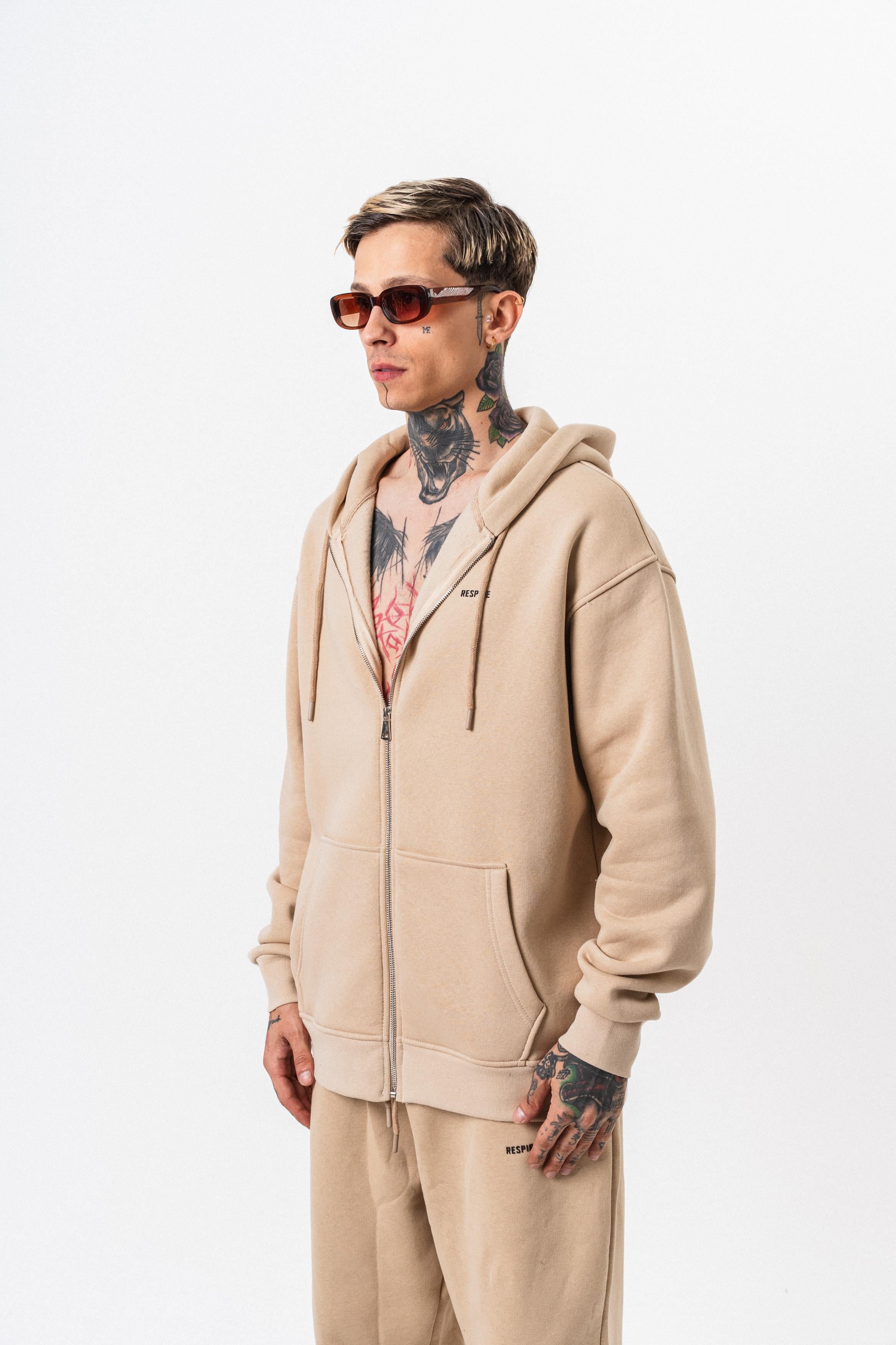 Erkek Respire Yazı Detaylı Kapüşonlu Basic Zip Oversize Hoodie Bej