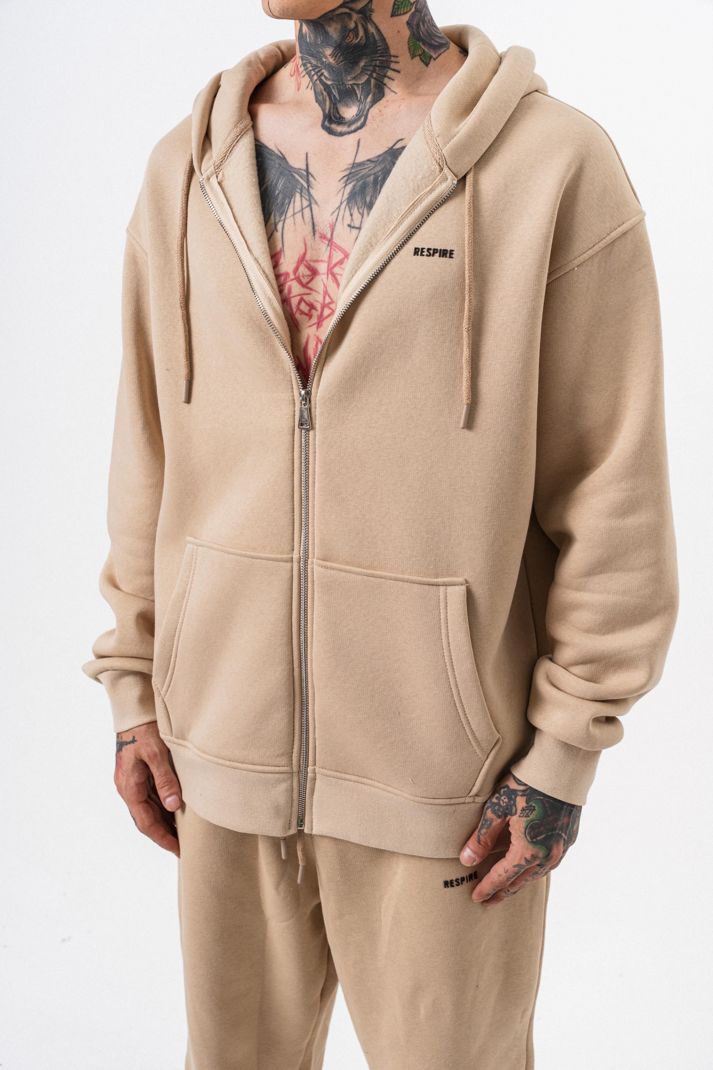 Erkek Respire Yazı Detaylı Kapüşonlu Basic Zip Oversize Hoodie Bej