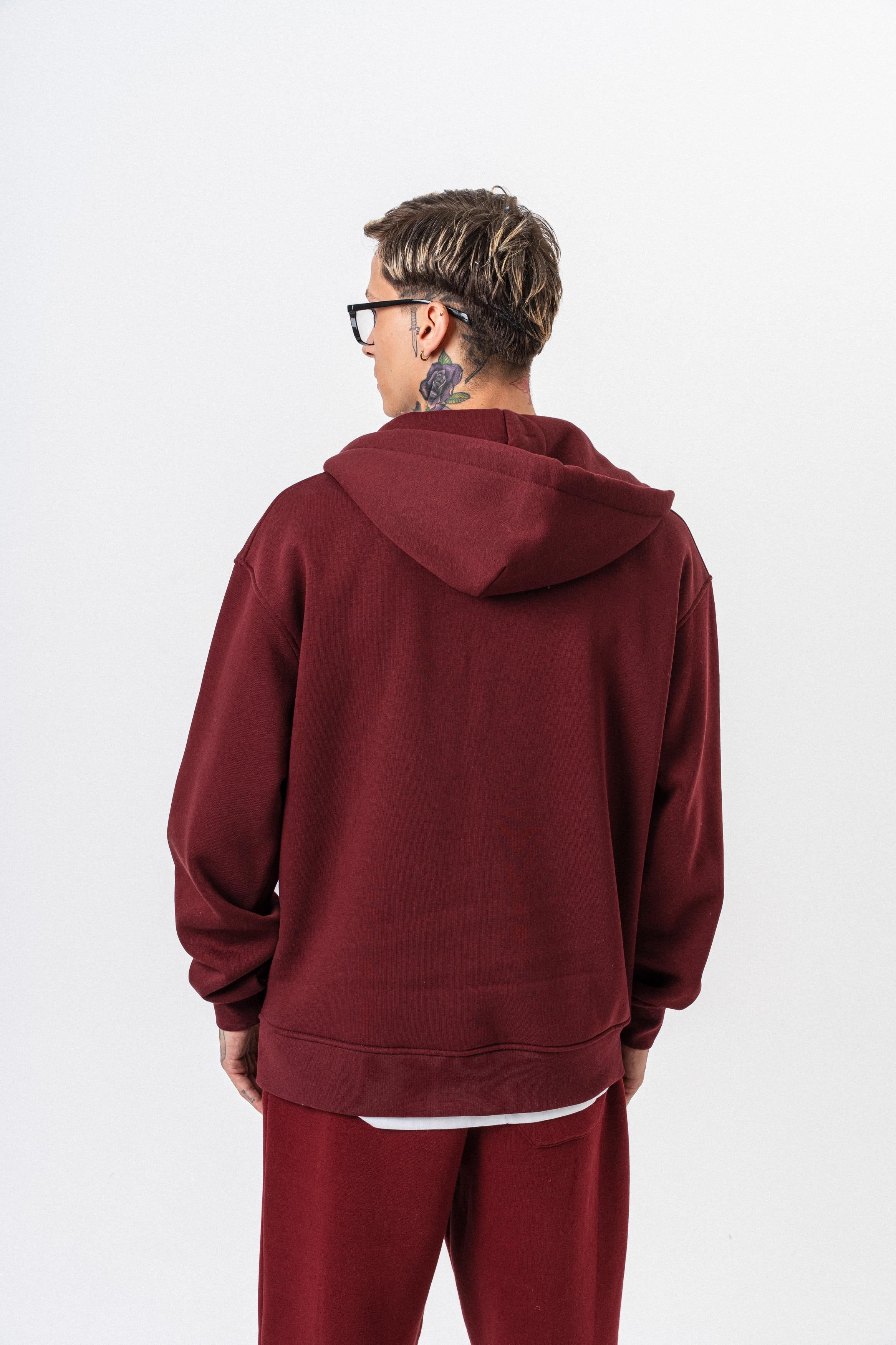 Erkek Respire Yazı Detaylı Kapüşonlu Basic Zip Oversize Hoodie Bordo
