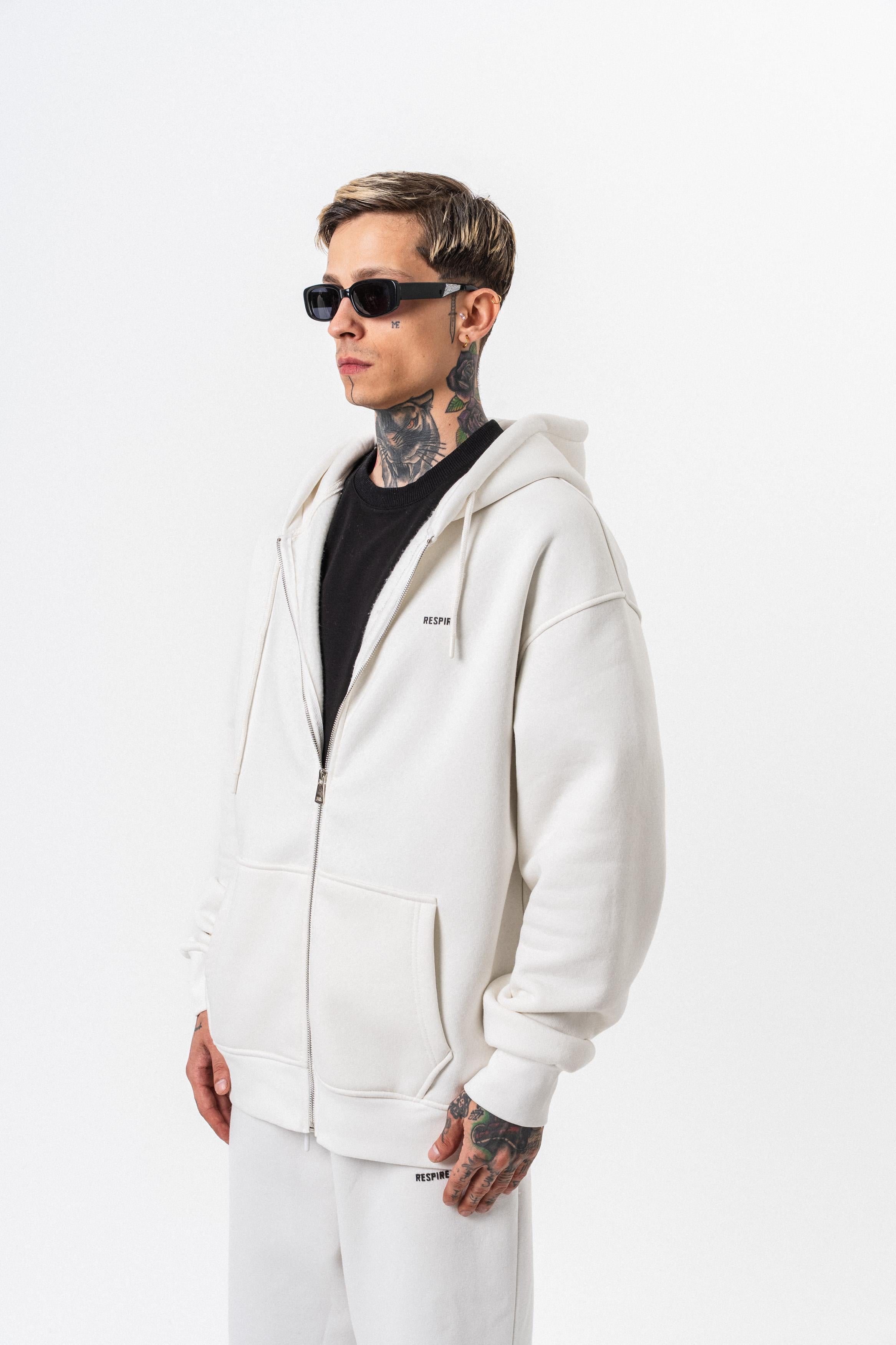 Erkek Respire Yazı Detaylı Kapüşonlu Basic Zip Oversize Hoodie Ekru