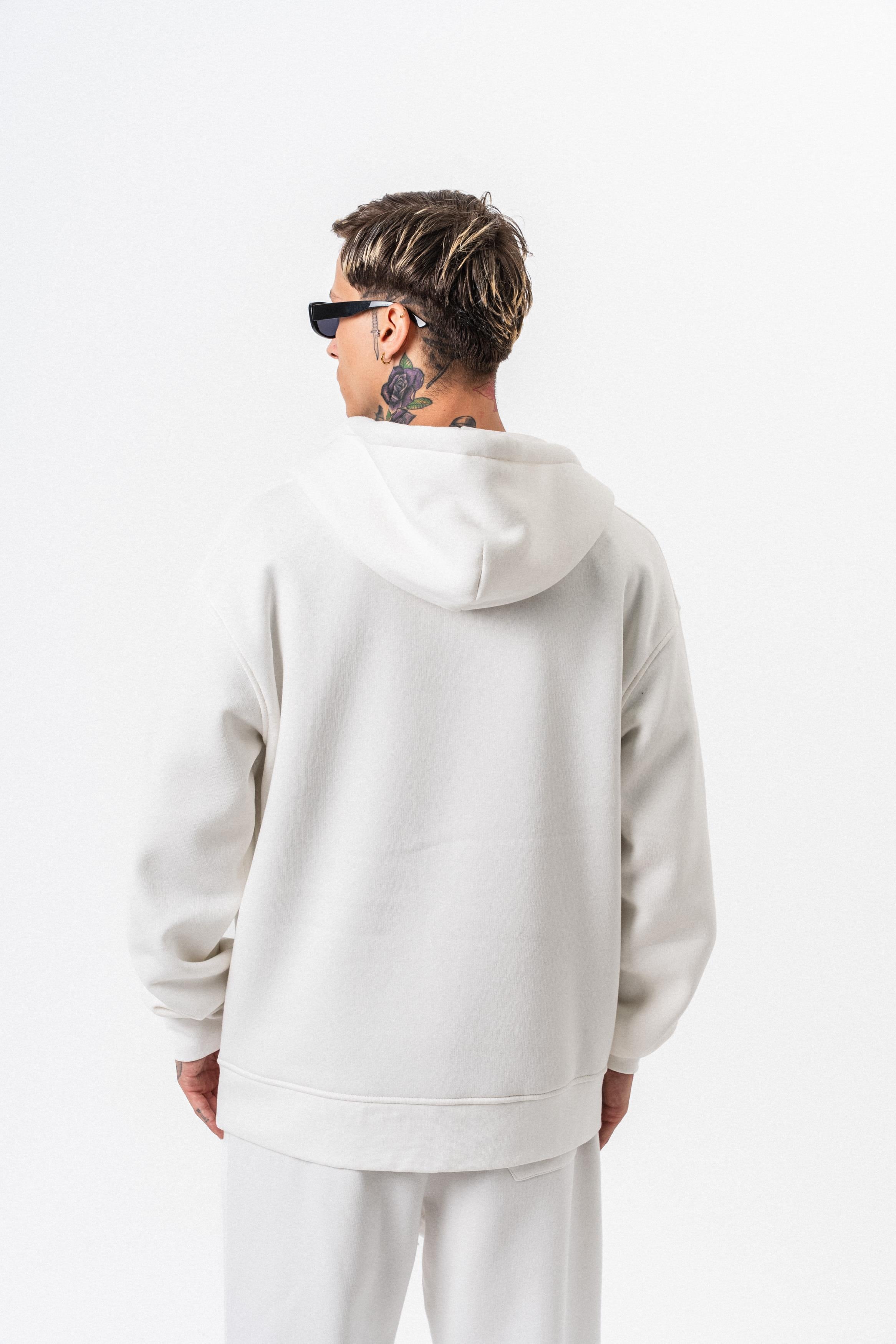 Erkek Respire Yazı Detaylı Kapüşonlu Basic Zip Oversize Hoodie Ekru